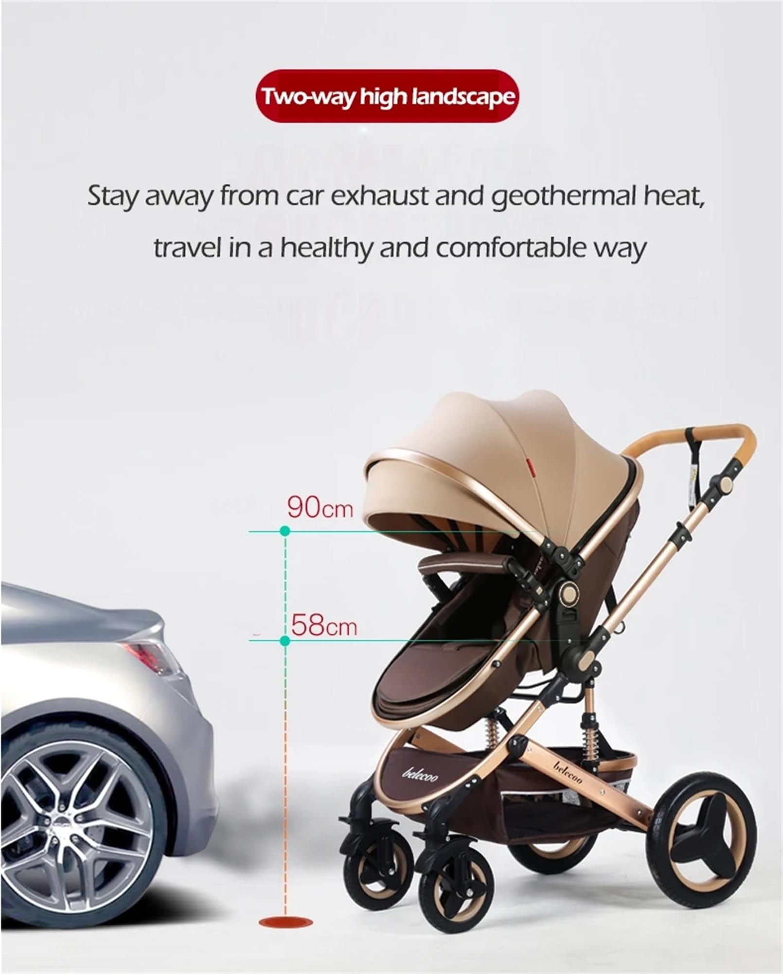 2 in 1 Baby Stroller - Foldable High Landscape Infant Stroller & Reversible Bassinet Pushchair with Adjustable Canopy (Khaki) | Perfect for Newborns, Travel, Shopping & Outdoor Walks