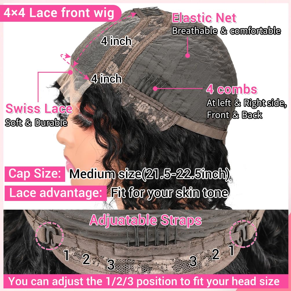 Glueless Human Hair Wigs for Black Women - 180% Density 4x4 Lace Front Bob Wig with Pre Plucked Hairline & Curly Wave Texture (10 Inch, Natural Black 1B) - No Glue Needed for Easy Wear & Go Style | Perfect for Daily Wear, Special Occasions & Protective Hairstyles