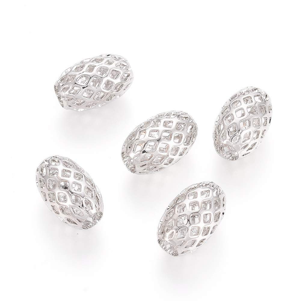 50pcs Platinum Plated Brass Oval Filigree Beads - 3.5mm Large Hole Hollow Spacer Beads for DIY Jewelry Making, Bracelets & Necklaces - Perfect for Boho, Vintage and Handmade Jewelry Designs