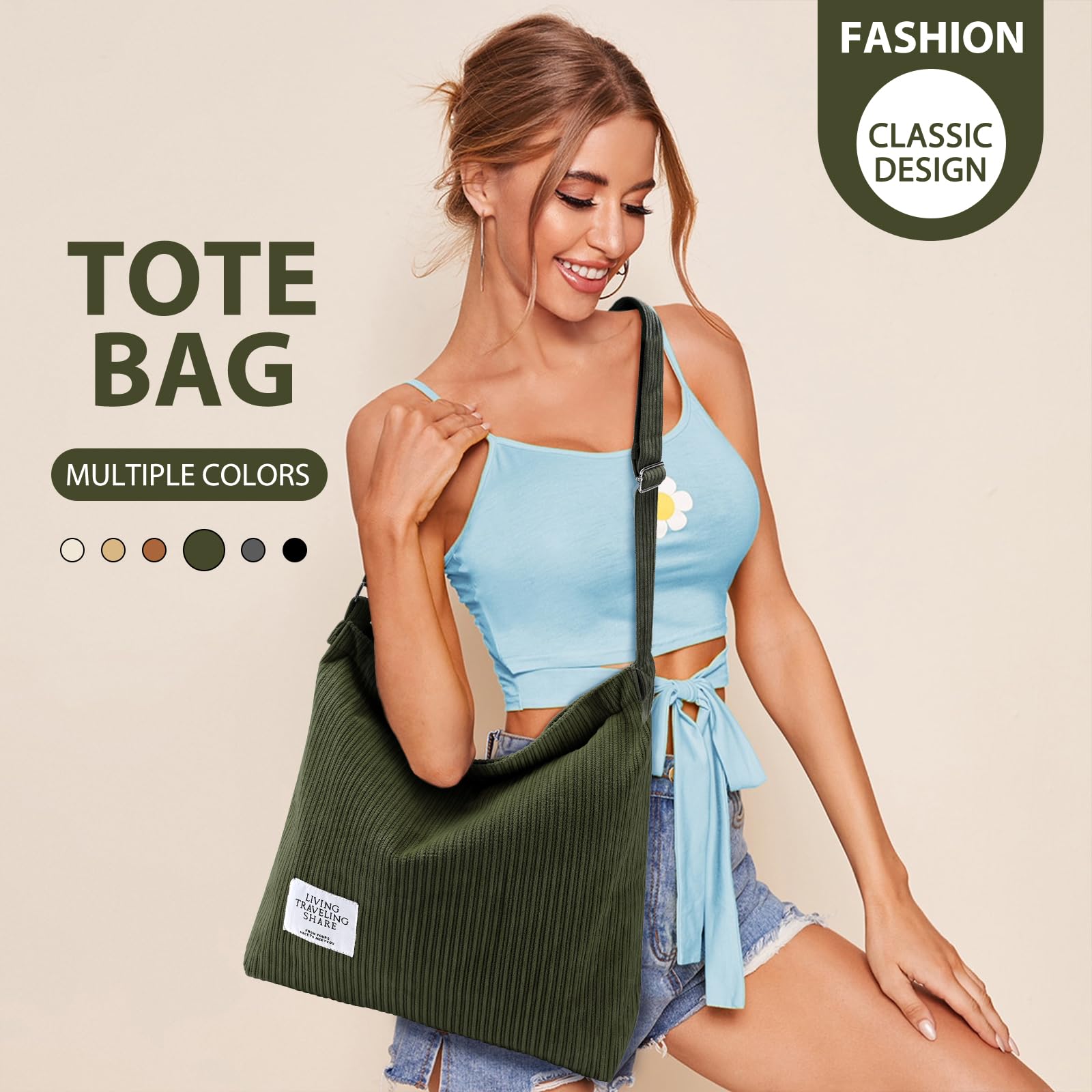 EIMBD Women's Corduroy Tote Bag - Stylish Zippered Shoulder Bag & Crossbody Purse for Work, Travel, Shopping & Everyday Use