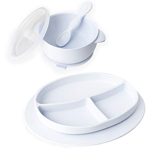 Ullabelle BPA-Free 100% Food Grade Silicone Suction Toddler Plates & Bowls Set with Spoon - Microwave & Dishwasher Safe Baby Feeding Essentials - Includes Suction Plate, Bowl with Lid & Spoon (Blue) - Perfect for Home, Travel & Daycare Use