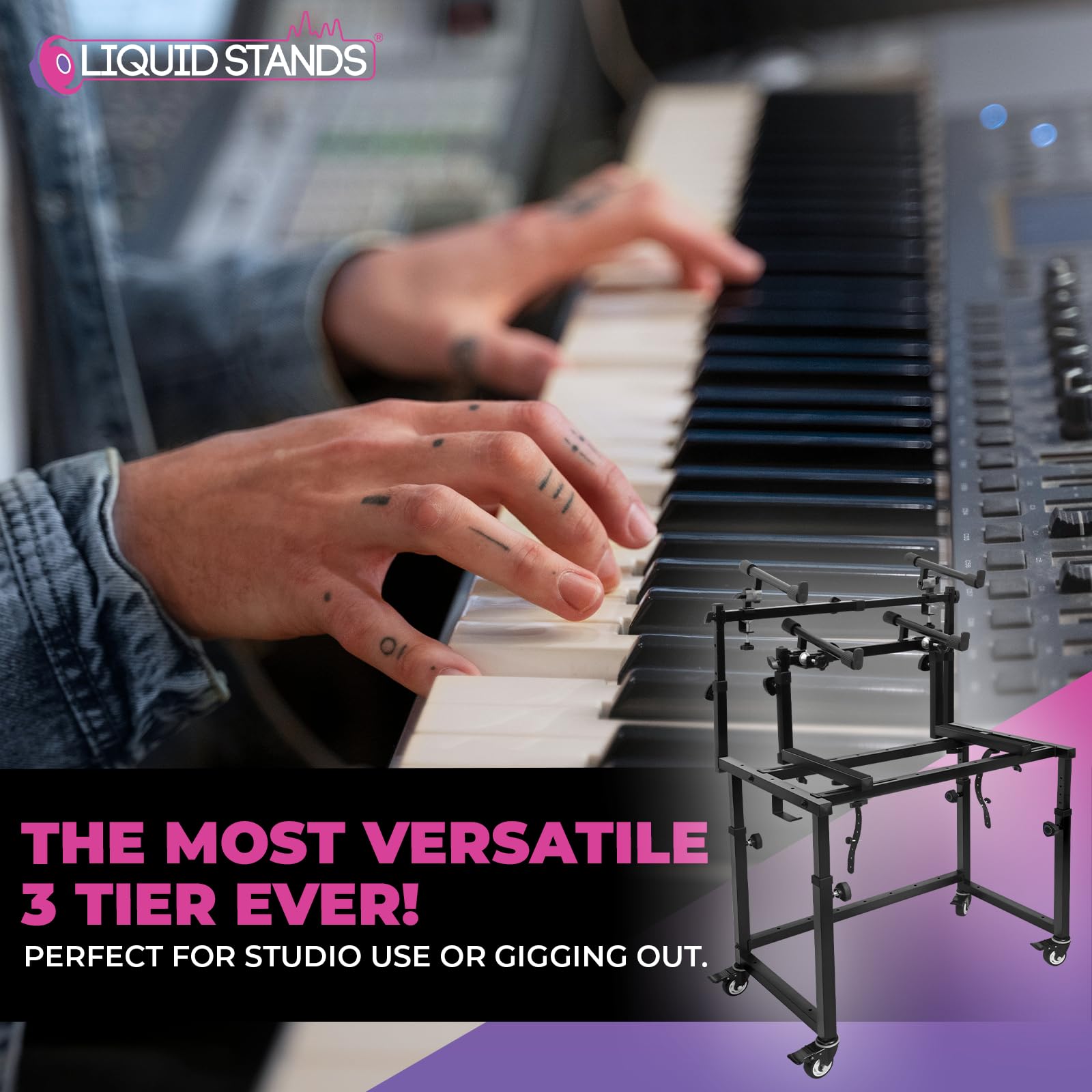 3-Tier Rolling Keyboard Stand with Wheels for 49/54/61/88 Key Digital Pianos & Synths - Adjustable Music Studio Desk for Home Recording, DJ Workstation & Music Production