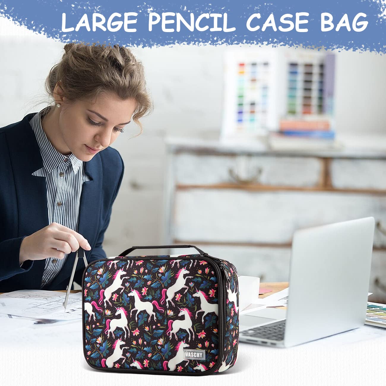 VASCHY Large Pencil Case with Detachable Pockets - for Art Supplies & School Stationery Organization - Black Unicorn Design
