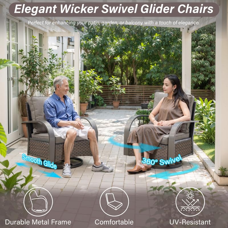 Heavy Duty Outdoor Swivel Rocking Chairs Set of 2 - Wide Metal Armrests & Removable Cushions - All-Weather Wicker Patio Furniture for Porch, Sunroom, Deck, Garden & Backyard Relaxation