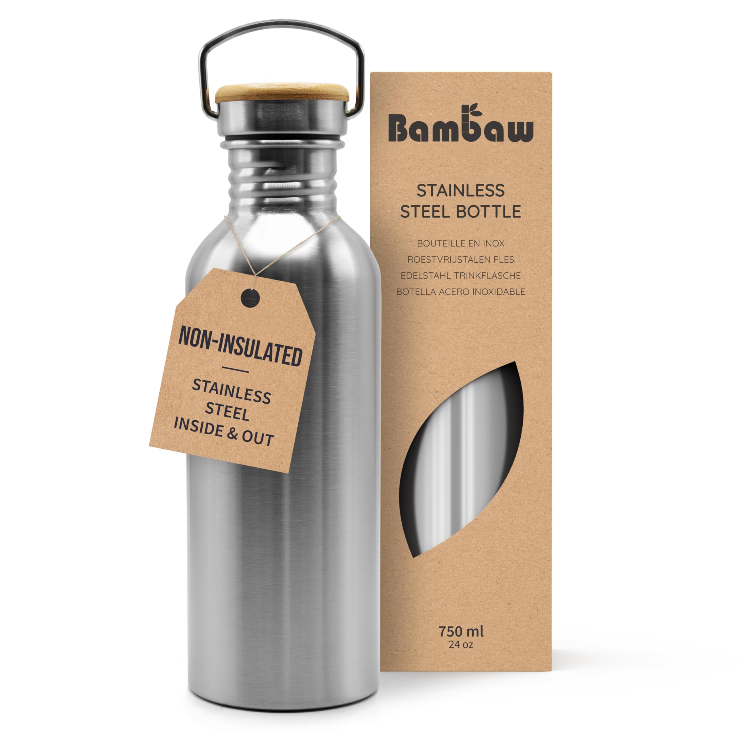 Bambaw 24 oz (750ml) Stainless Steel Water Bottle - Reusable, Eco-Friendly Metal Water Container for Gym, Hiking, Travel & Everyday Hydration
