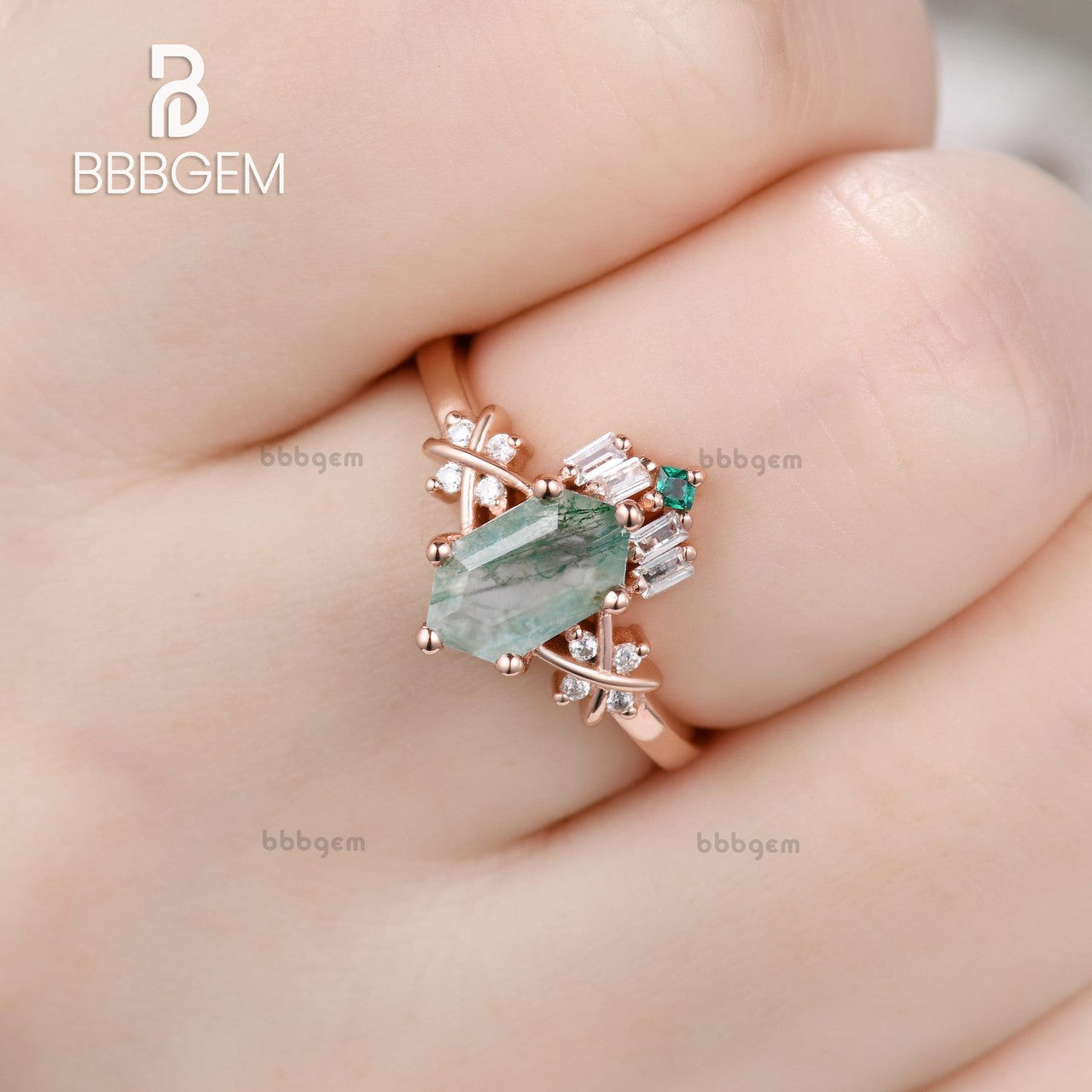 Unique Vintage 14K Rose Gold Hexagon Cut Moss Agate Engagement Ring with Diamond & Emerald Accents - Perfect for Romantic Proposals, Anniversary Gifts & Special Occasions