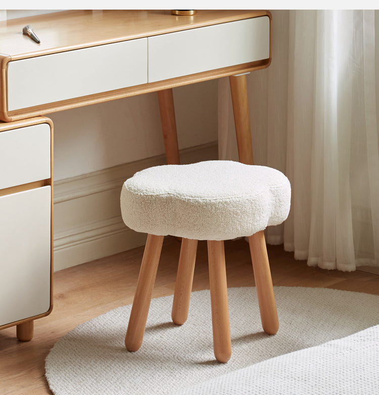 Solid Wood Makeup Stool - Beech & Birch with Lamb Velvet Upholstery | Cloud-Shaped Seat for Vanity, Dressing Room & Bedroom Decor