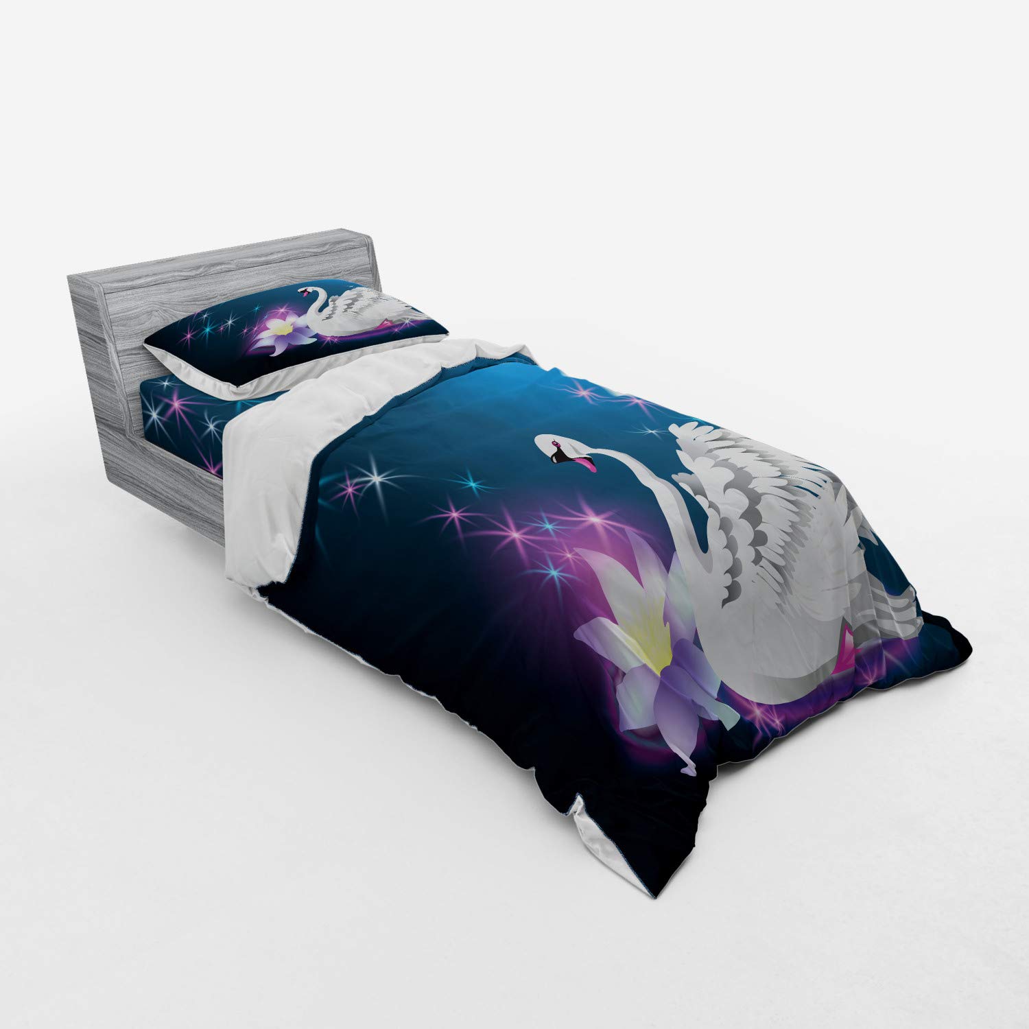 Ambesonne Swan Duvet Cover Set - 3 Piece Twin Size Bedding with Sham & Fitted Sheet, Blue White Floral Design Featuring Magic Lily and Swan Night Lake Scene Under Moon Stars - Perfect for Bedroom Decor, Guest Room, or Romantic Retreat