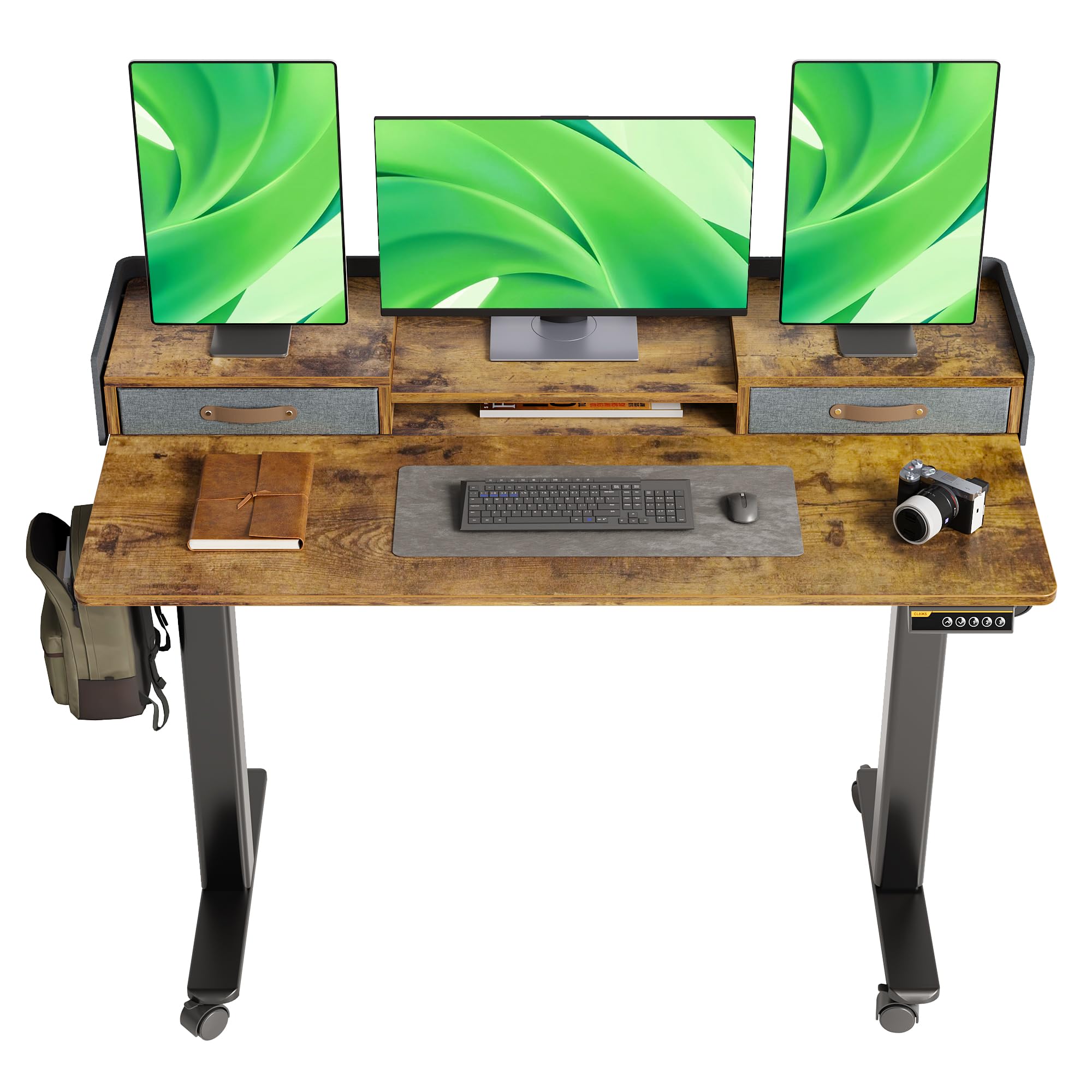 Claiks Electric Standing Desk with Drawers - 55 Inch Adjustable Height Sit Stand Desk with Storage Shelf & Splice Board - Rustic Brown Home Office Desk for Work from Home & Ergonomic Workspace
