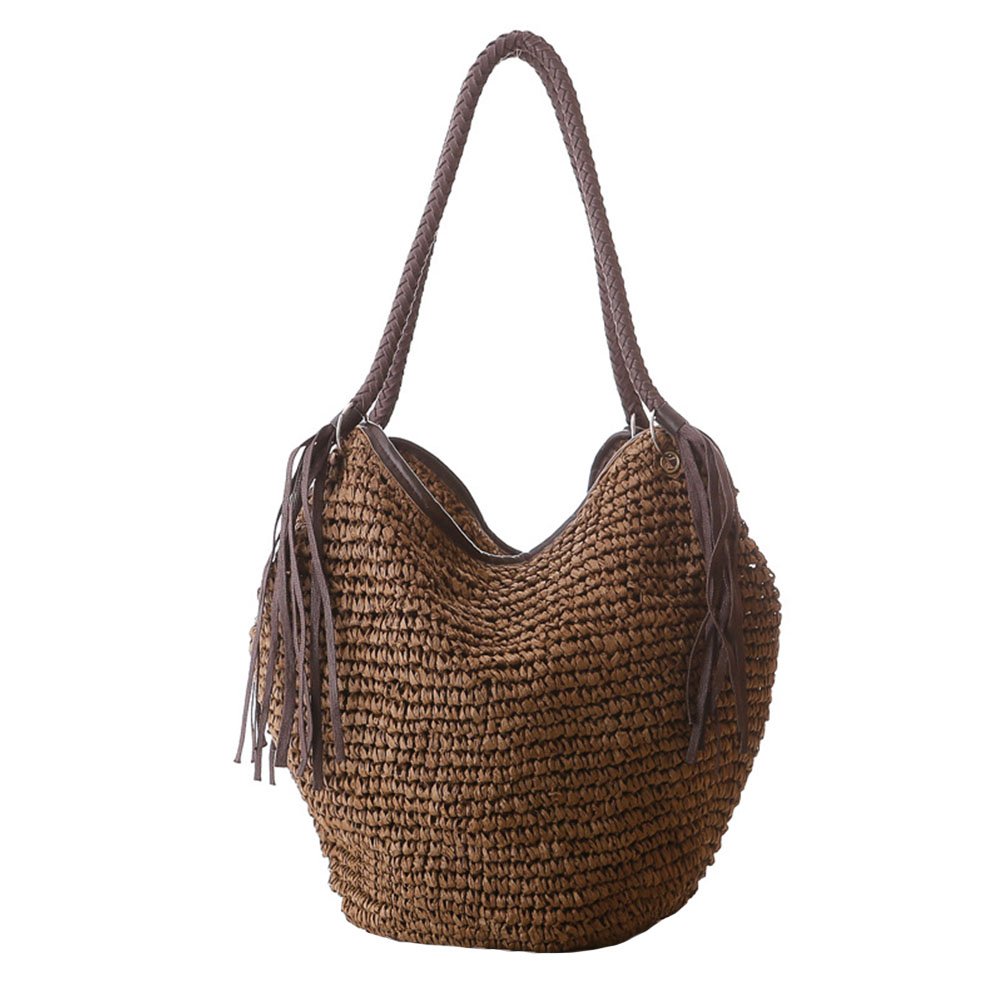 Women's Straw Shoulder Bag - Summer Beach Tote with Tassels, Cotton Lining & Top Handle - Casual Shopper Handbag for Beach, Picnic, Travel & Daily Use