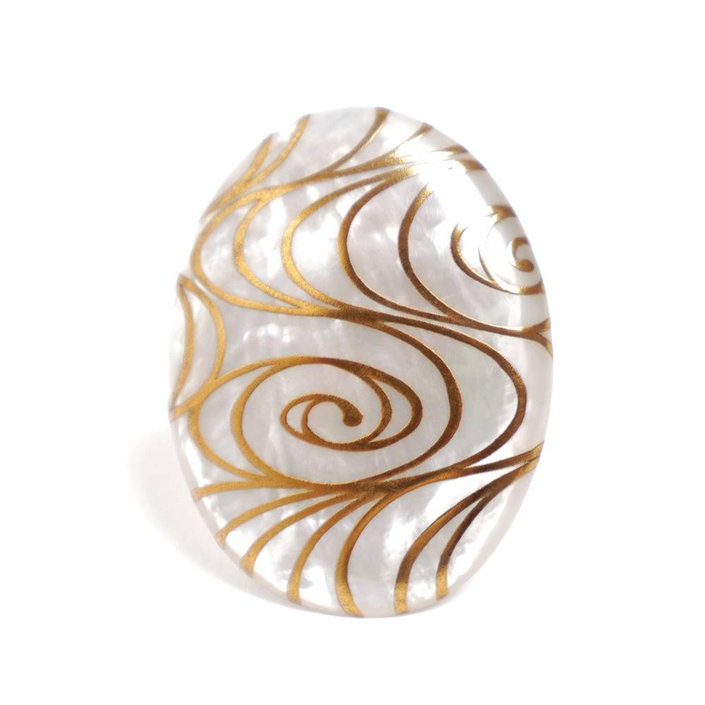 Handcrafted Maki-e Urushi Lacquer Brooch with White South Sea Pearl Shell - Flowing Water Design - Traditional Japanese Lacquer Jewelry for Women - Perfect for Weddings, Parties & Special Occasions