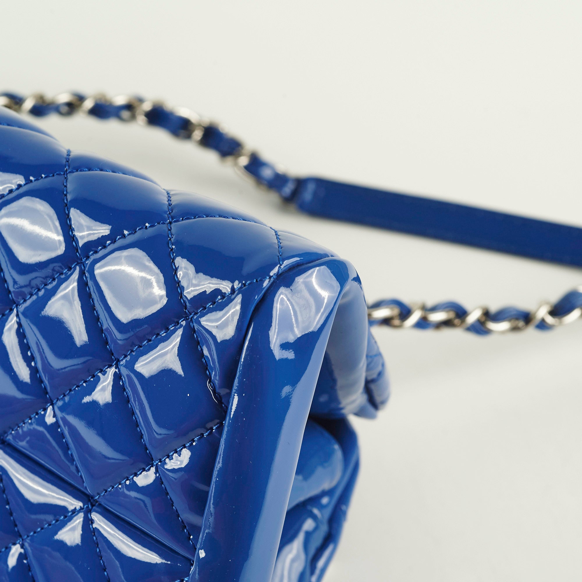 Chanel Just Mademoiselle Patent Leather Blue Bowler Handbag for Women | Luxury Designer Crossbody Purse for Evening Parties & Special Occasions