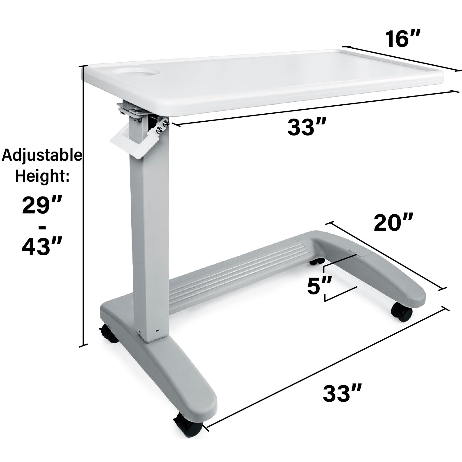 Vaunn Adjustable Overbed Table with Wheels - FSA/HSA Eligible Medical Bedside Table for Hospital & Home Use, Light Gray - Perfect for Eating, Reading & Working in Bed