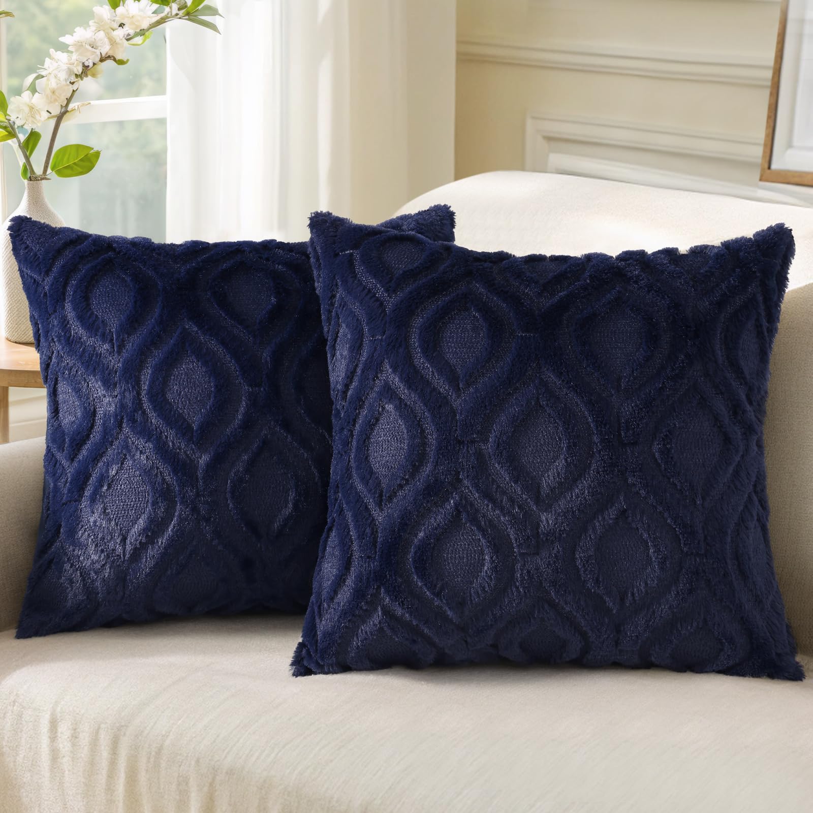 Premium 20x20 Inch Navy Blue Faux Wool Throw Pillow Covers Set of 2 - Soft Plush Decorative Couch Pillow Cases for Sofa, Bed, Living Room - Home Decor Accent Pillows for Cozy Winter & Spring Home Styling
