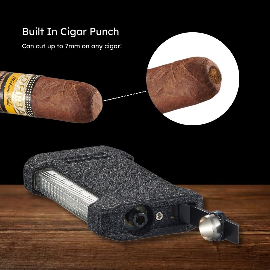 Visol Vinson Flat Torch Flame Lighter with Cigar Punch - Black | Windproof Butane Lighter for Cigars, Cigarettes & Outdoor Use | Perfect for Camping, BBQ & Survival Gear