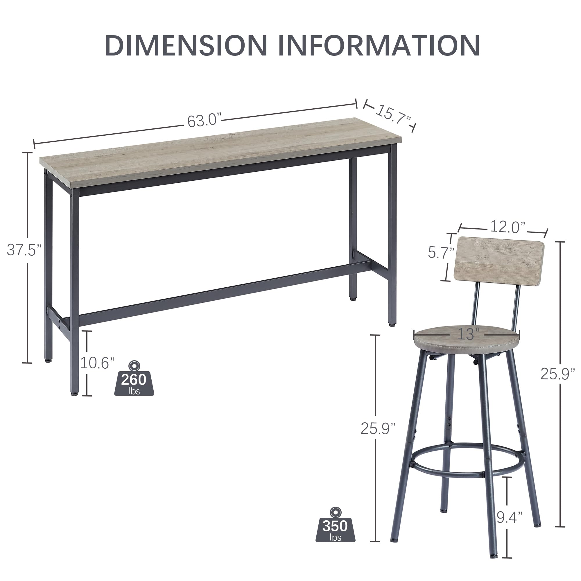 GNIXUU 4-Piece Industrial Bar Table Set with Sofa Table & 3 Upholstered Backrest Stools - Counter Height Dining Set for Small Spaces, Breakfast Nook, Living Room, Kitchen Island or Patio (Grey)