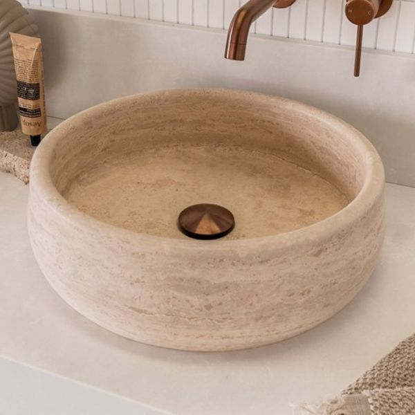 ADP Arlo 400mm Above Counter Basin in Premium Travertine Stone - Modern Bathroom Sink for Vanity & Powder Room Decor
