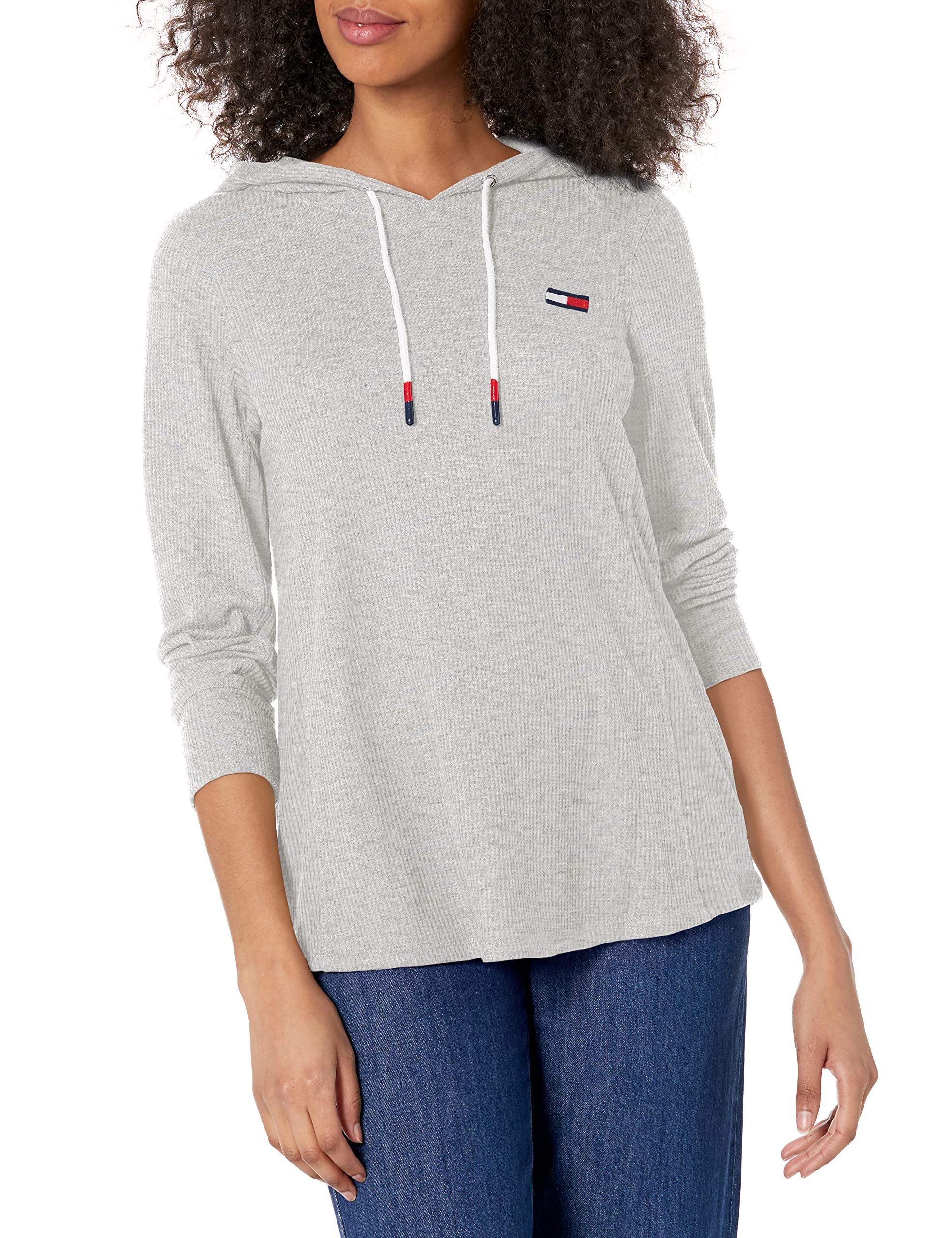 Tommy Hilfiger Women's Waffle Ribbed Logo Hoodie Sweatshirt | Casual Pullover Fleece Hooded Sweater for Fall & Winter | Cozy Lounge Wear, Street Style, Travel Outfit