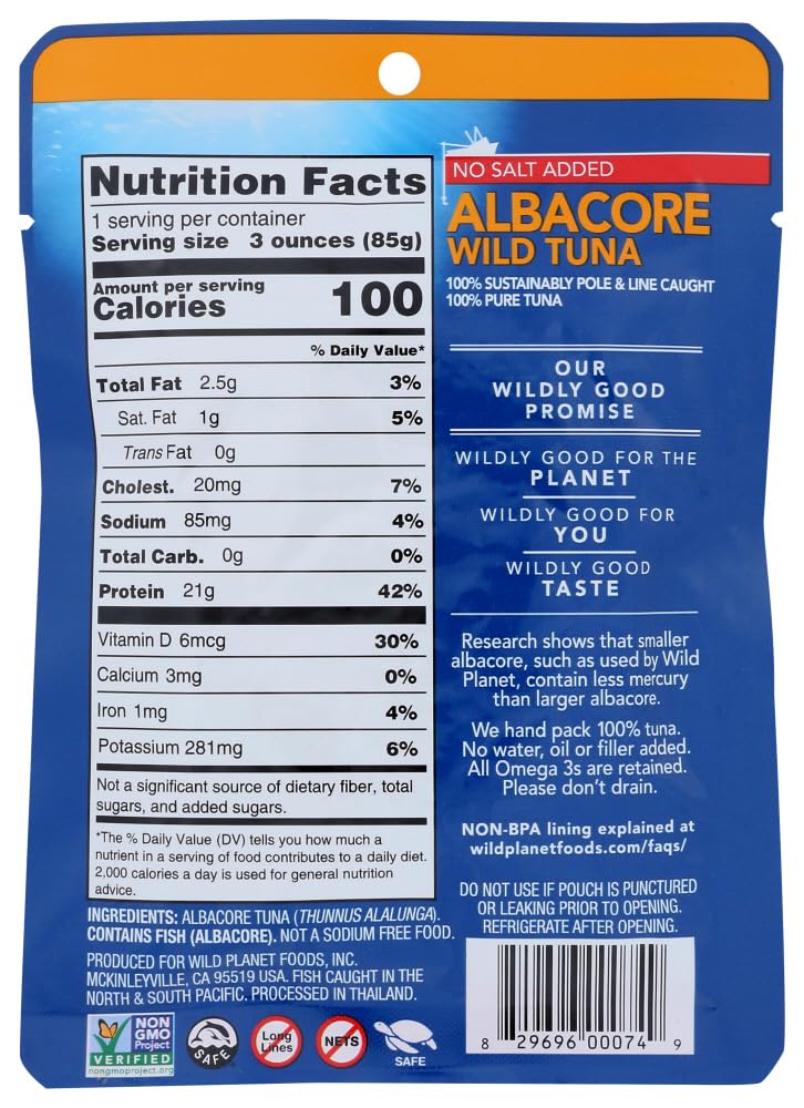 Wild Planet Albacore Tuna - Wild Caught, No Salt Added, Non-GMO, Sustainably Sourced - Perfect for Salads, Sandwiches & Healthy Meal Prep
