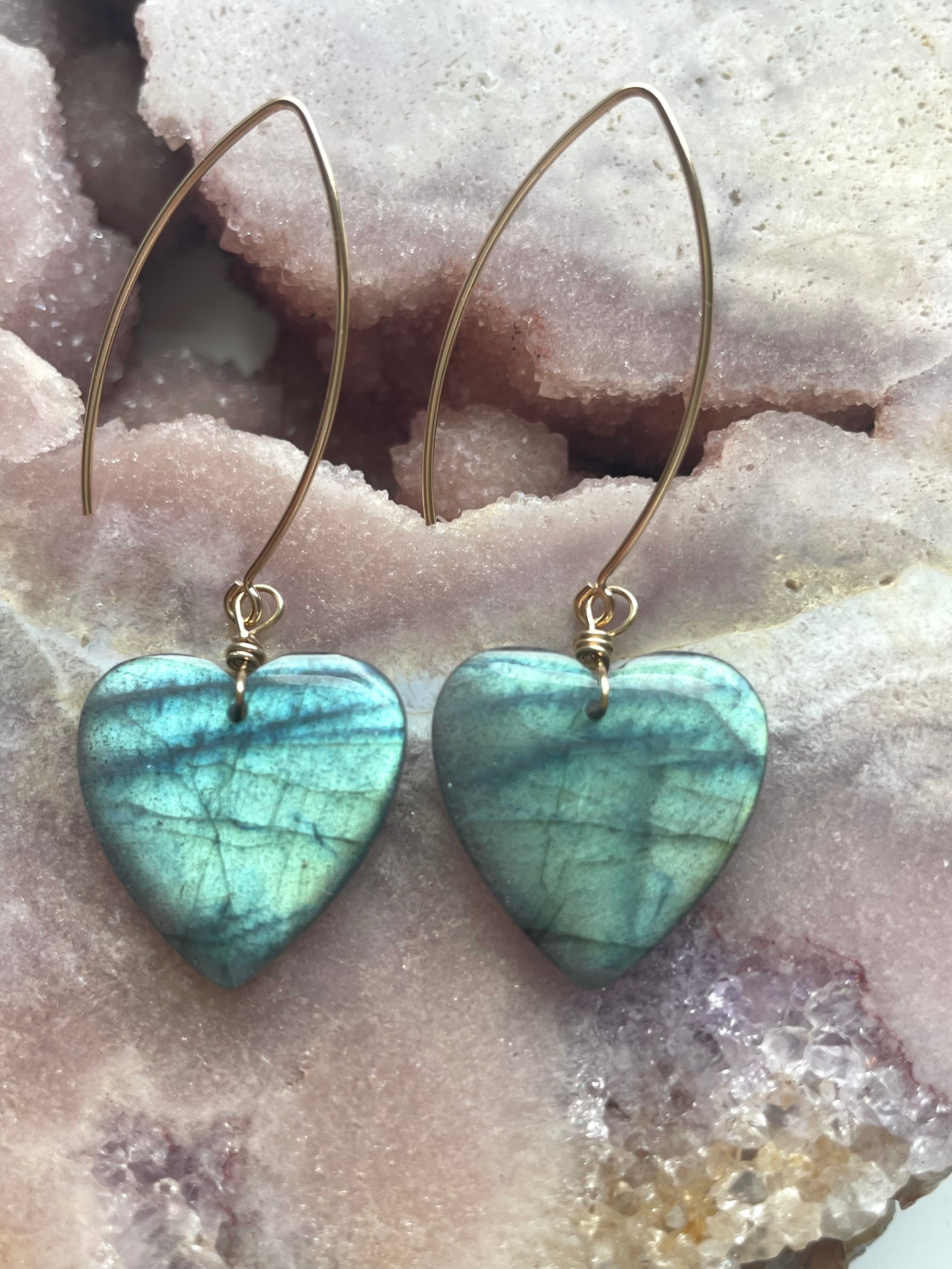 Statement Gold Labradorite Heart Dangle Drop Crystal Earrings for Women | Elegant Bohemian Jewelry for Party, Wedding & Special Occasions
