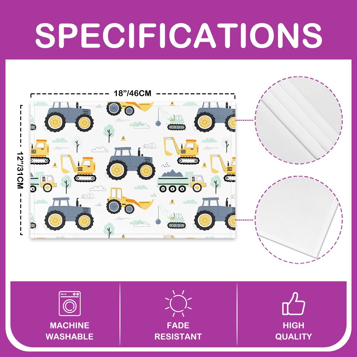 Kids Construction Vehicles Placemats Set of 4 - 12x18 Inch Waterproof & Wipeable Dining Table Mats for Boys with Tractor, Excavator & Truck Designs | Perfect for Mealtime, Playtime & Construction-Themed Parties