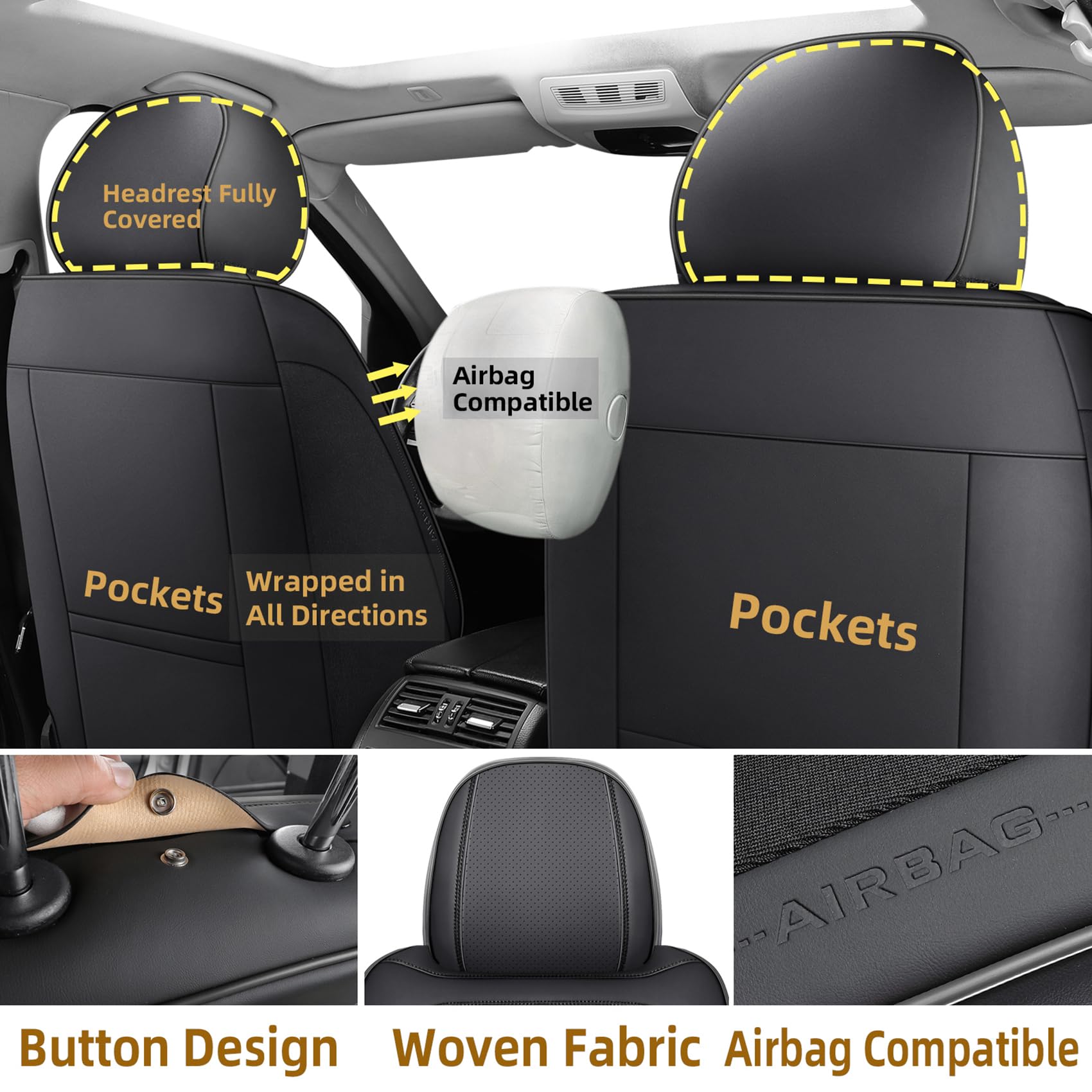 Premium Faux Leather Front Car Seat Covers for Cars & SUVs - Super Breathable, Full Wrapping Edge with Storage Bags - Universal Fit for Most Sedans (2 Front Black) - Perfect for Daily Commute, Road Trips & Car Protection