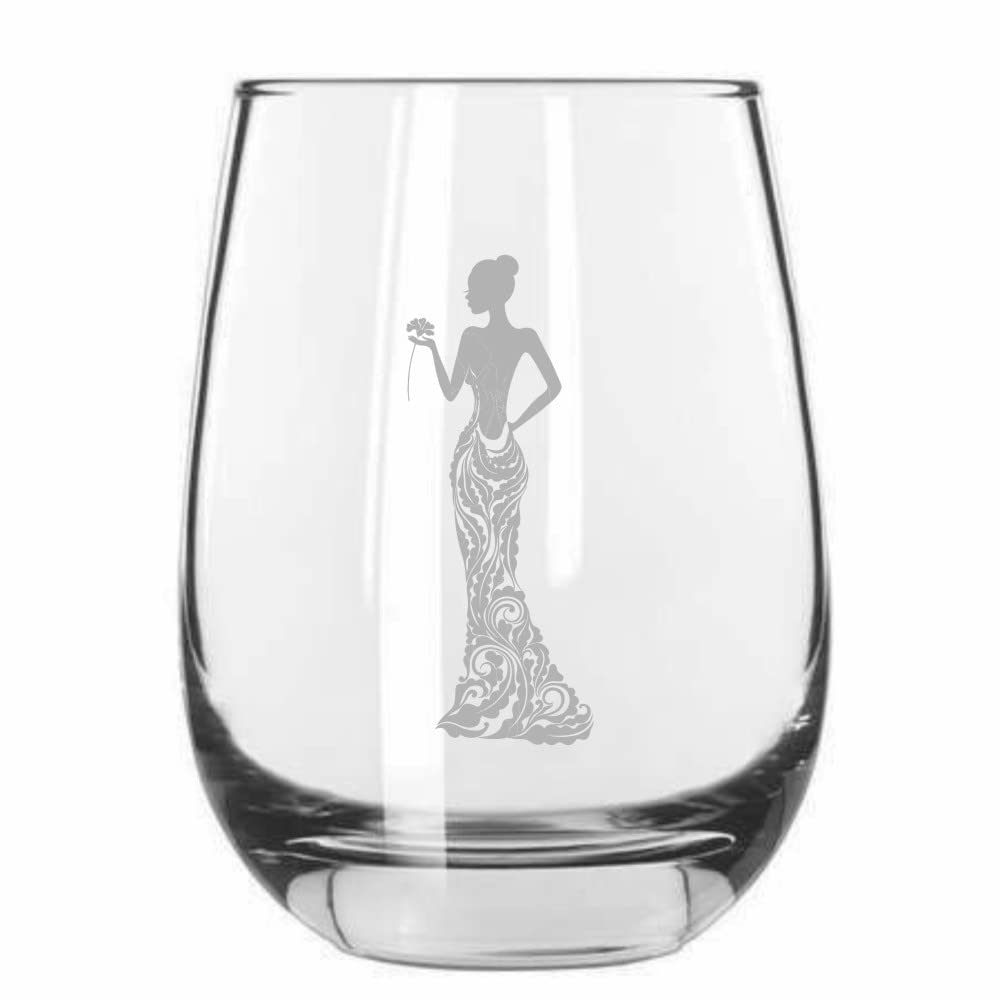 Bride Wedding Silhouette Stemless Wine Glass 15.25oz - Perfect for Bridal Showers