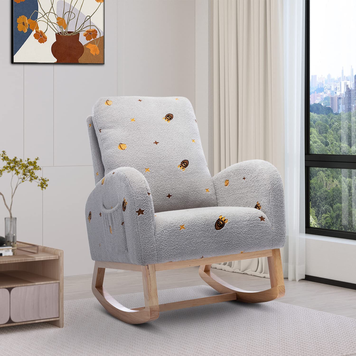 Mid Century Modern Velvet Upholstered Rocking Chair - Nursery Glider Rocker with High Back & Side Pocket, Wooden Accent Armchair for Nursing, Living Room, Bedroom, Office & Baby Room (Light Gray) - Perfect for Breastfeeding, Relaxing & Nursery Decor