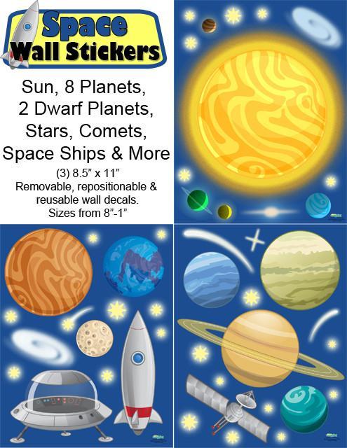 Space Themed Wall Stickers for Kids Room Decor - Galaxy, Planets, Stars - Removable & Reusable DIY Wall Decals for Bedroom, Nursery, Playroom