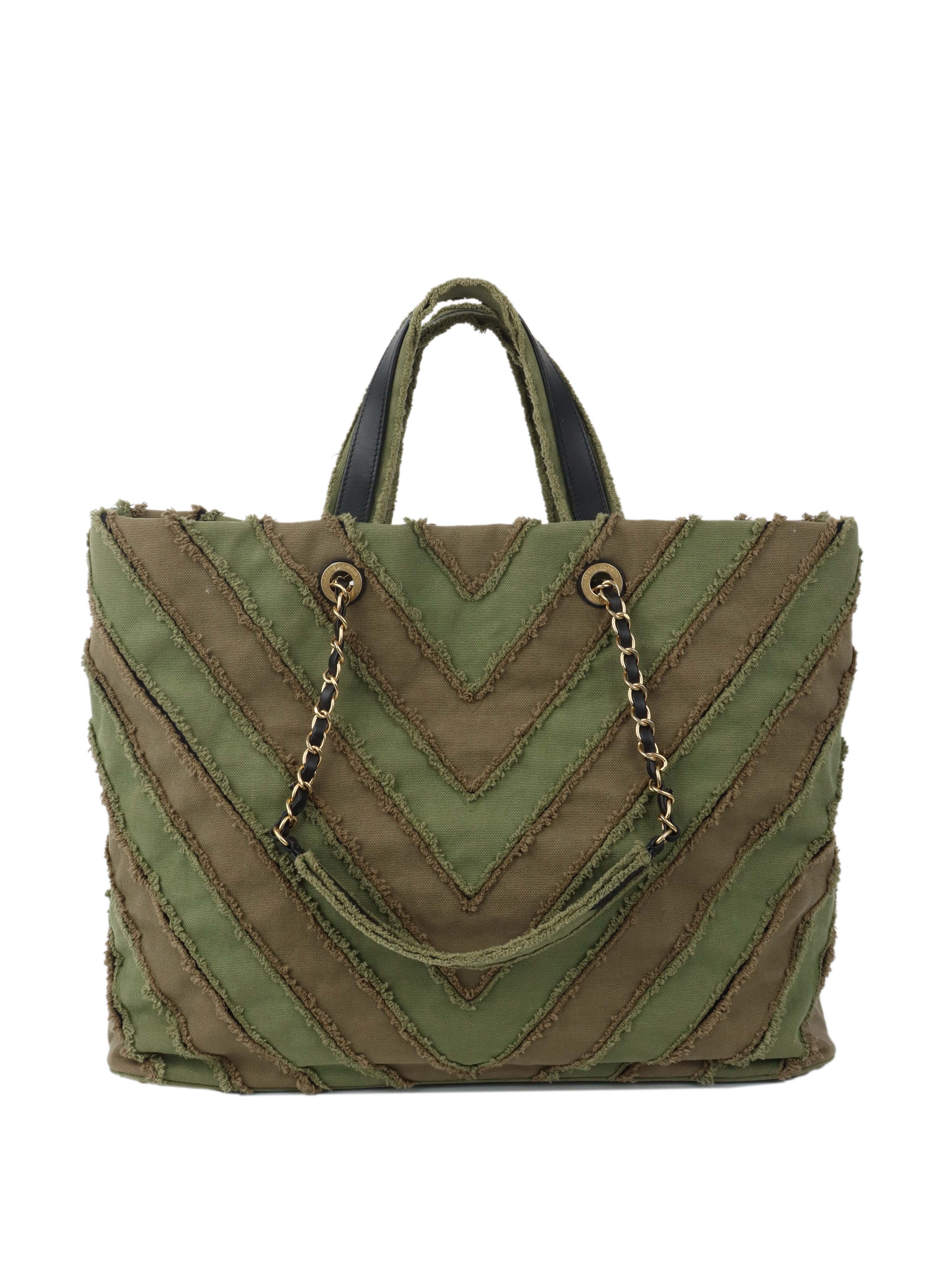 Chanel Canvas Chevron Tote Bag in Khaki - Stylish & Durable Designer Handbag for Women | Perfect for Work, Travel & Everyday Use