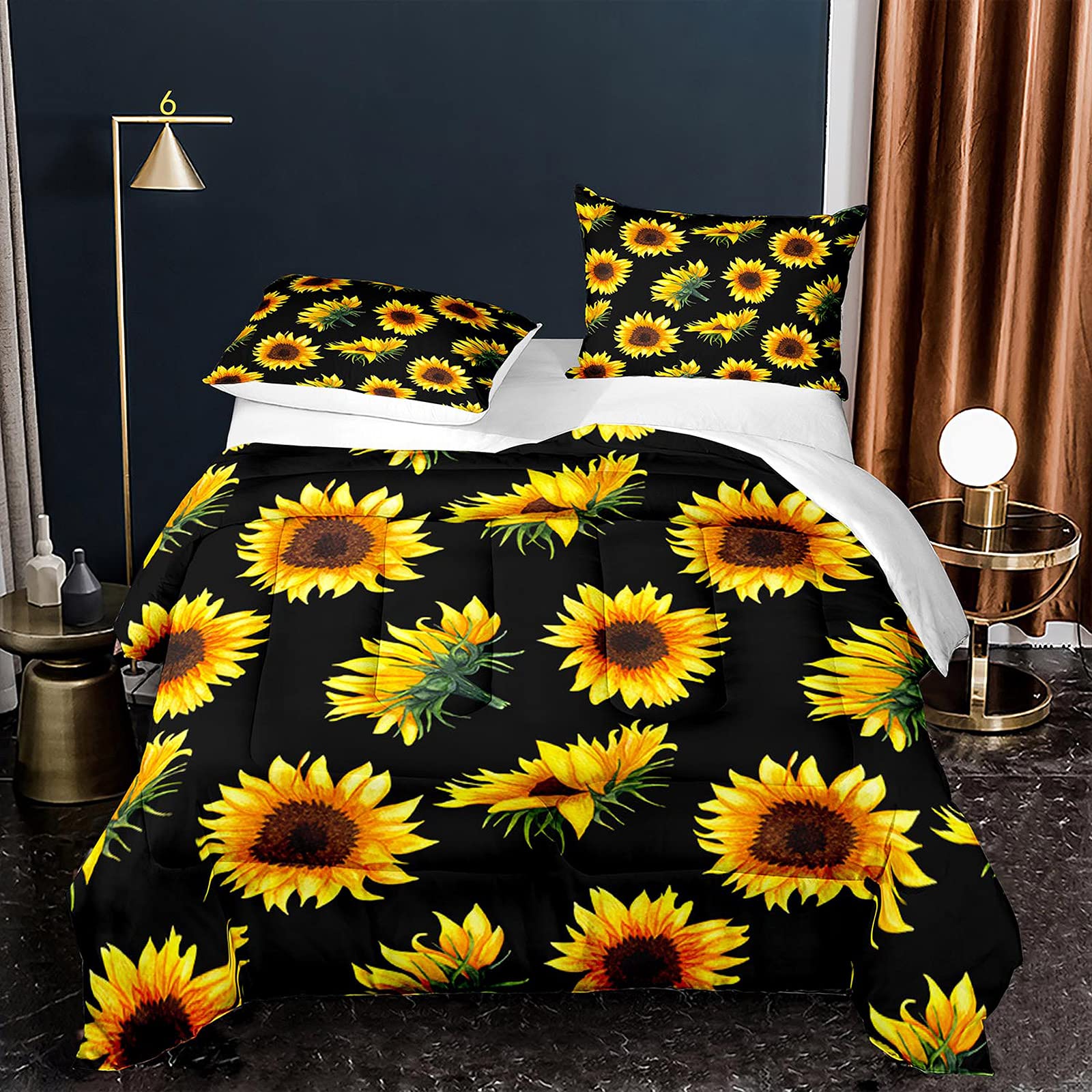 Lianai Black Sunflower Comforter Set Twin Size 2-Piece - Yellow Floral Bedding Quilt & Pillow Sham - Soft & Cozy for Bedroom Decor - Perfect for Guest Rooms, Dorms & Cozy Nights