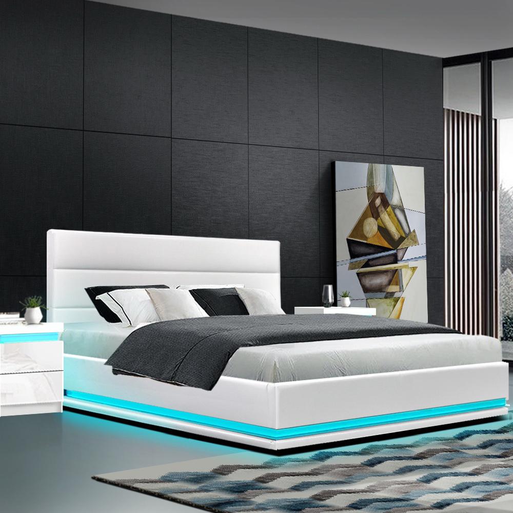 Premium Double Bed Set - Henley LED White Bed Frame with Algarve Euro Top Medium Firm Mattress & Pillowtop Topper | Perfect for Master Bedroom, Guest Room & Modern Home Decor