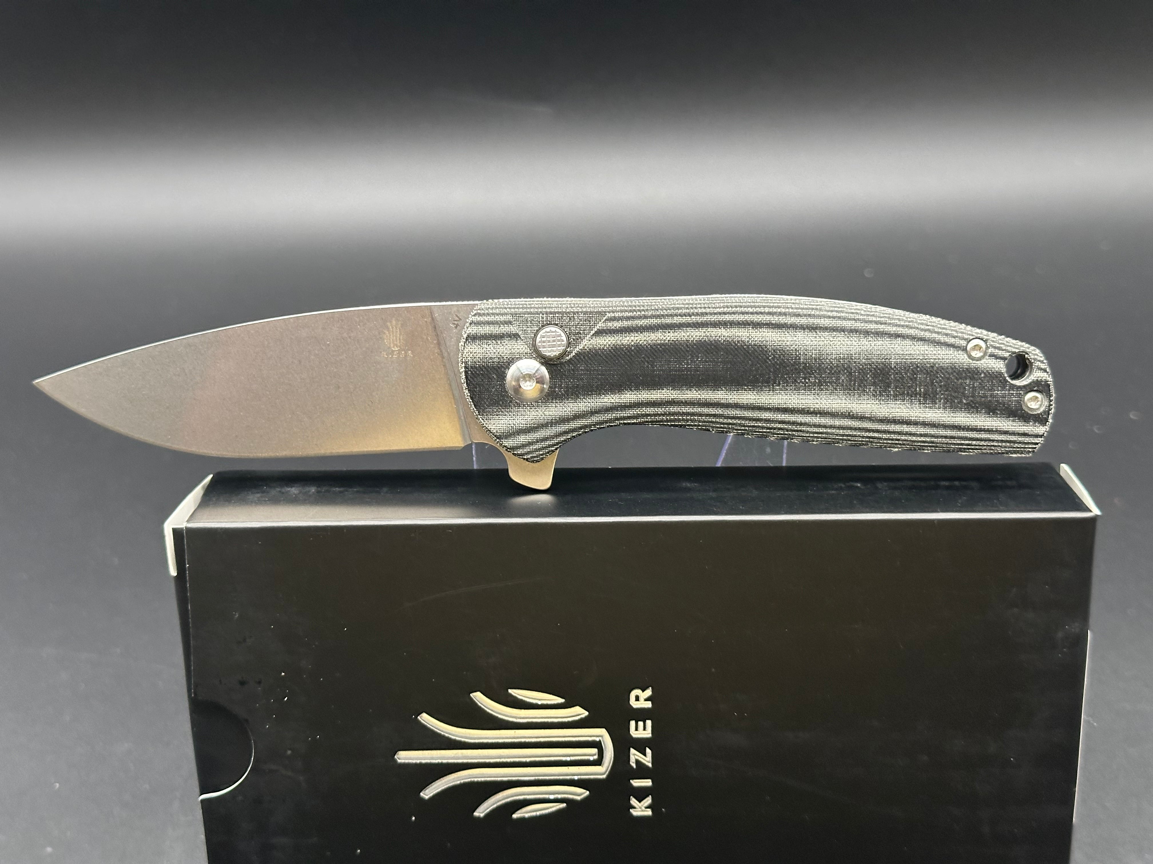 Kizer Cutlery Vanguard Ray Laconico Gemini Button Lock Flipper Knife - CPM 4V Steel Blade, Black Linen Micarta Handles - EDC Pocket Knife for Outdoor, Camping & Everyday Carry