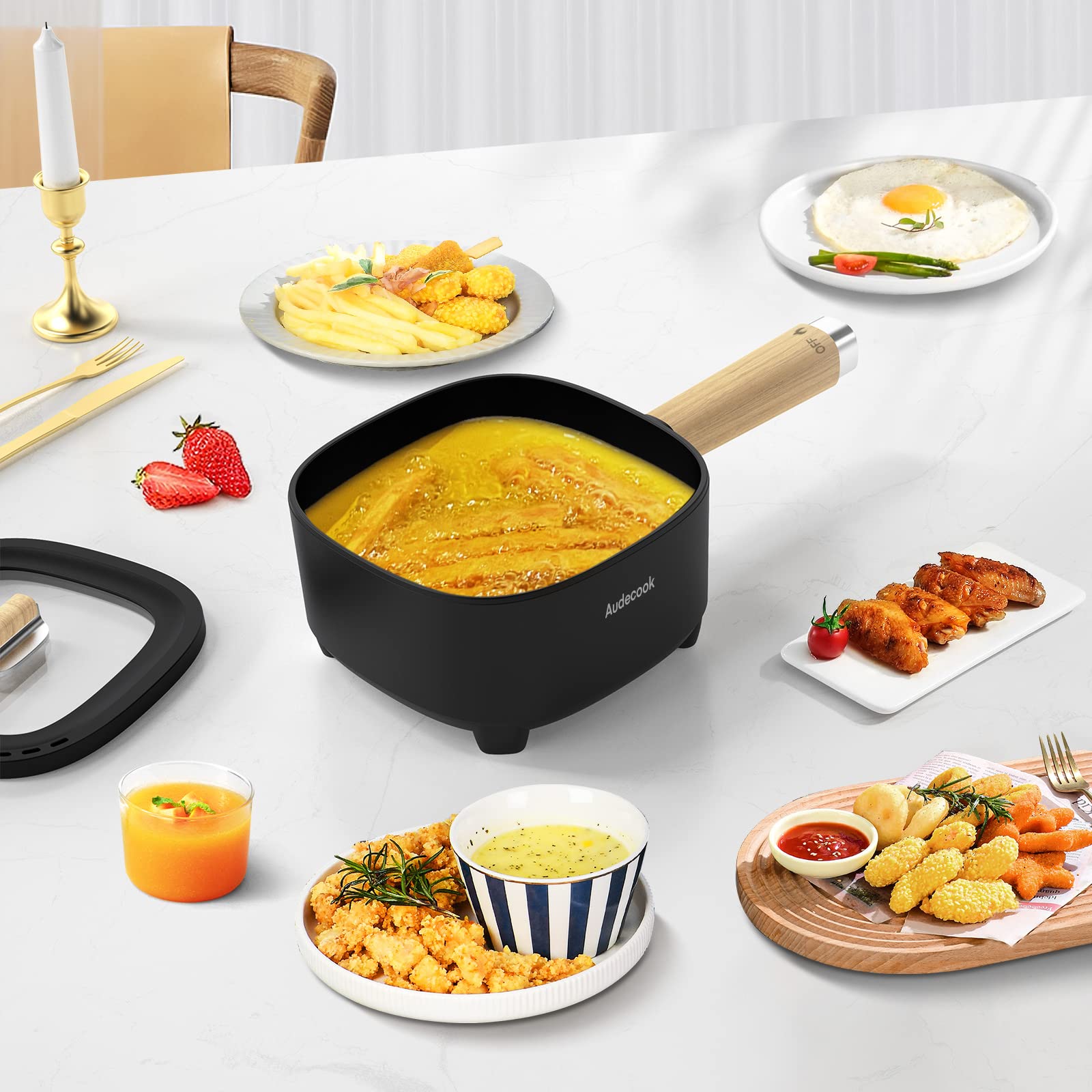Audecook 2L Electric Hot Pot with Ceramic Non-Stick Coating - 8 Inch Portable Travel Cooker for Ramen, Steak, Fried Rice & Soup | Dual Power Control | Includes Silicone Spatula | Perfect for Dorm, Office, Camping & Small Kitchen Cooking