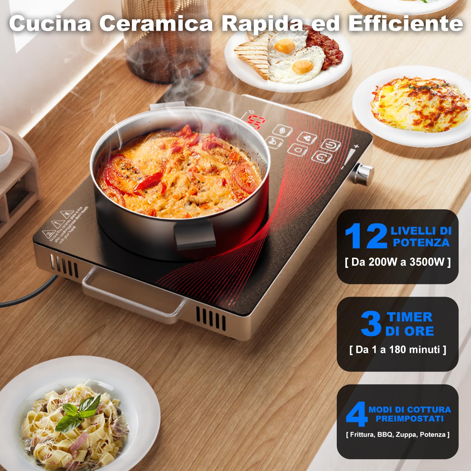 Nardea 3500W Portable Infrared Electric Single Burner, Adjustable Heating Power Ceramic Glass Cooktop with 3-Hour Timer - Perfect for Home, Office, Dorm & Outdoor Cooking