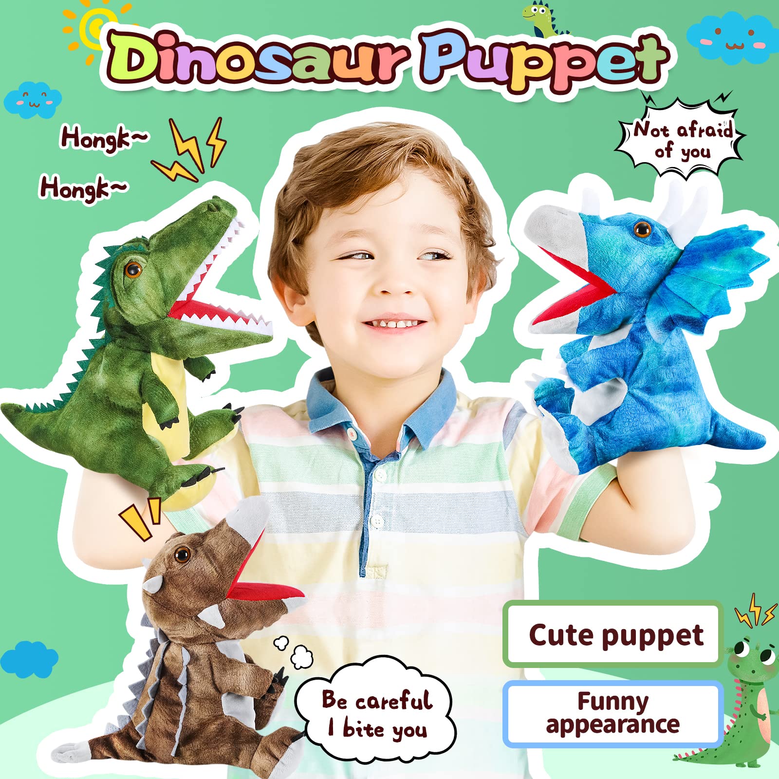 3Pcs Dinosaur Plush Toys - Soft Stuffed Animal Hand Puppets for Kids Ages 4-8, Interactive Role Play Toys for Boys & Girls - Perfect for Storytelling, Pretend Play & Birthday Gifts