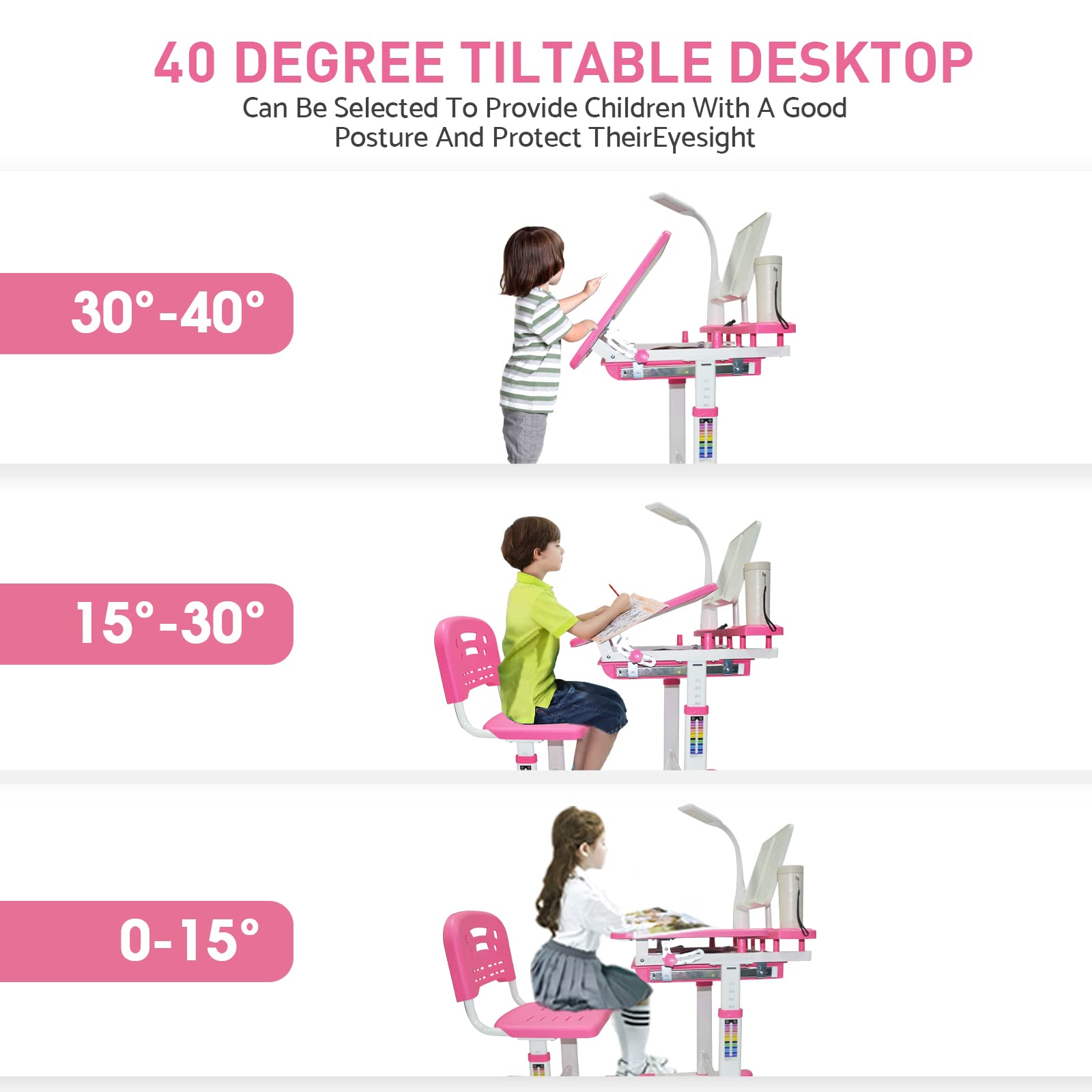 BELANITAS Kids Study Desk and Chair Set - Adjustable 40° Tilt Desktop with LED Light, Ergonomic Children's Writing Table for Ages 5-8 (Pink) - Perfect for Homeschooling, Online Learning & Birthday Gifts