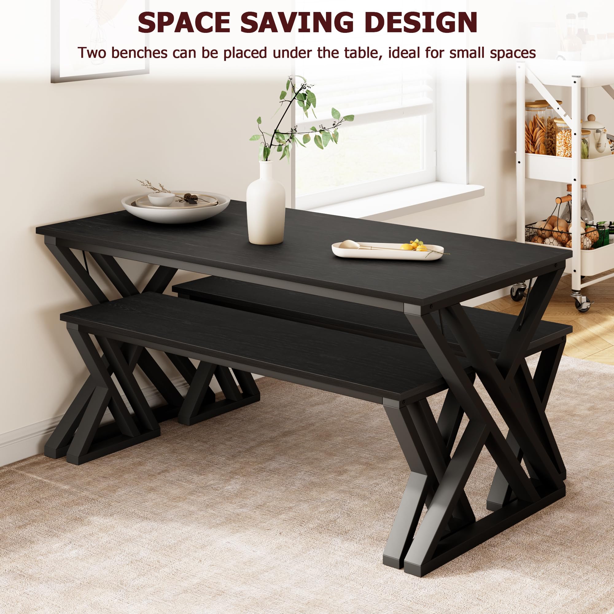GAOMON 55 Inch Black Dining Table Set with 2 Benches - Space Saving Rectangular Kitchen Table for 4-6 People, Sturdy Metal Frame - Perfect for Small Apartments, Dining Rooms & Compact Kitchens