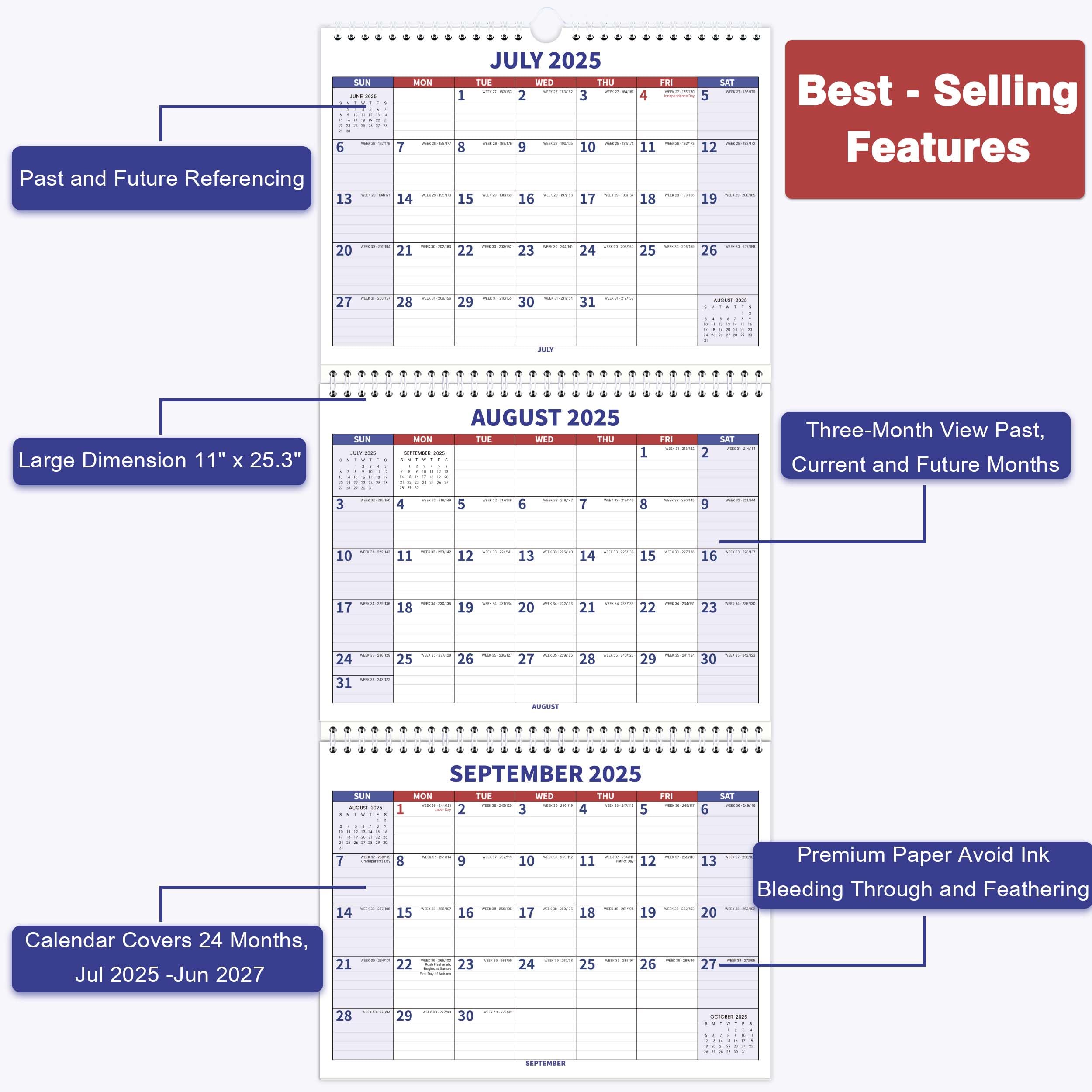 2025-2027 Wall Calendar - 3 Month Vertical Display Planner | July 2025 - June 2027 | 2 Year Academic Calendar with US Holidays | 11