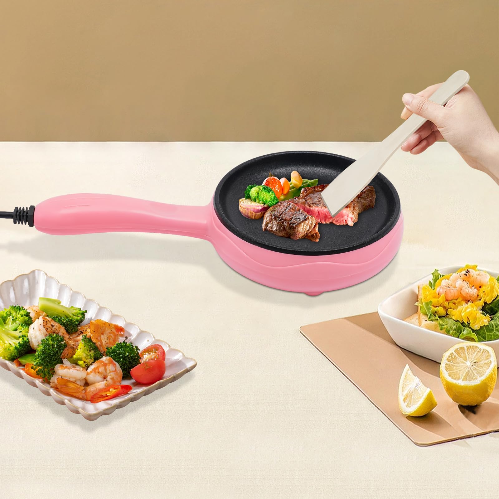 6-Inch Non-Stick Electric Skillet - Fast Heating Mini Round Griddle for Pancakes, Eggs, Cookies | Portable Cooking for Breakfast, Lunch & Snacks | Perfect for Dorms, Offices & Travel | Blue/Yellow/Pink (Pink)