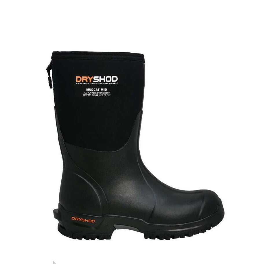 DRYSHOD Men's Mudcat Mid Waterproof Work Boots Black/Orange - Heavy Duty Slip Resistant Safety Shoes for Construction, Hiking & Outdoor Work