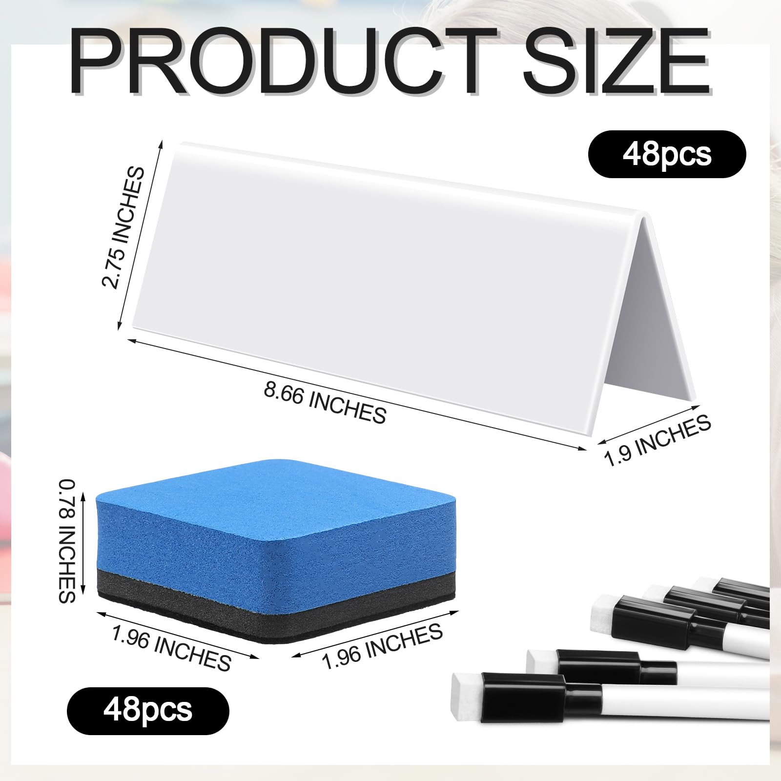 Seajan 48-Pack Reusable Dry Erase Name Tent Cards with Black Markers & Eraser - 8.66 x 1.97 x 2.76 Inch White Name Plates for Meetings, Weddings, Office, Classroom & Events - Perfect for Conferences, Training Sessions & Networking