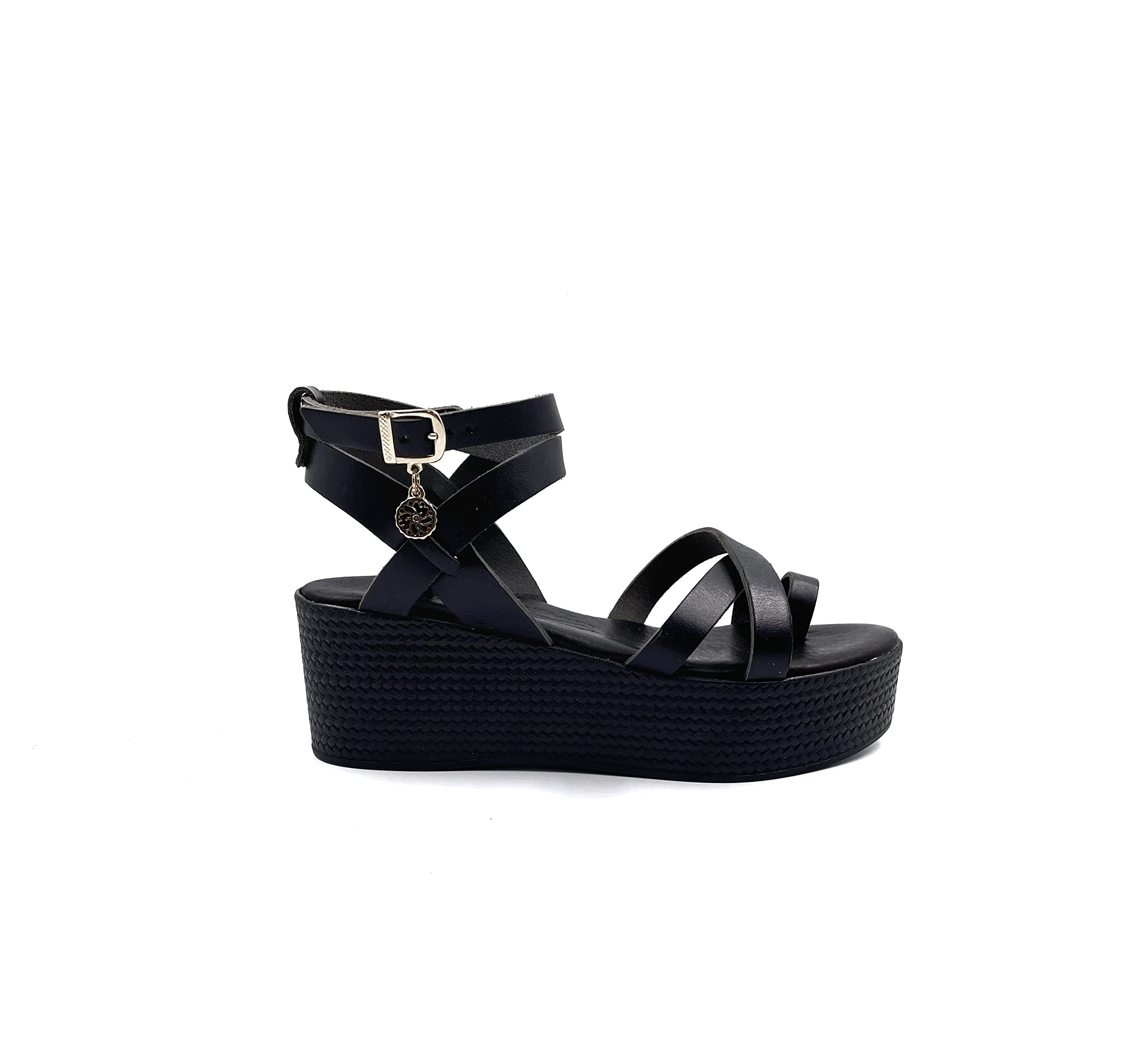 Black Leather Platform Sandals for Women - Genuine Greek Style High Wedge Sandals - Comfortable Summer Fashion Shoes for Casual Outings, Beach Vacations & Date Nights (Size 8)