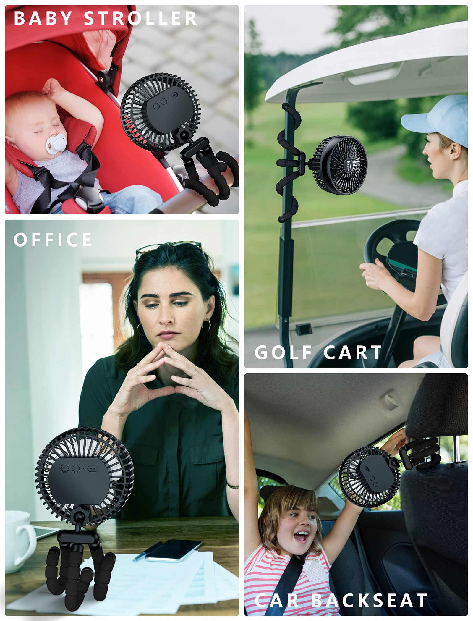 10000mAh Rechargeable Portable Stroller Fan with 3 Speed Modes & LED Light - 360° Rotating Clip On Fan with Flexible Tripod Stand - USB Powered Desk Fan for Baby Stroller, Car, Camping, Office & Home Use - Up to 63 Hours Battery Life