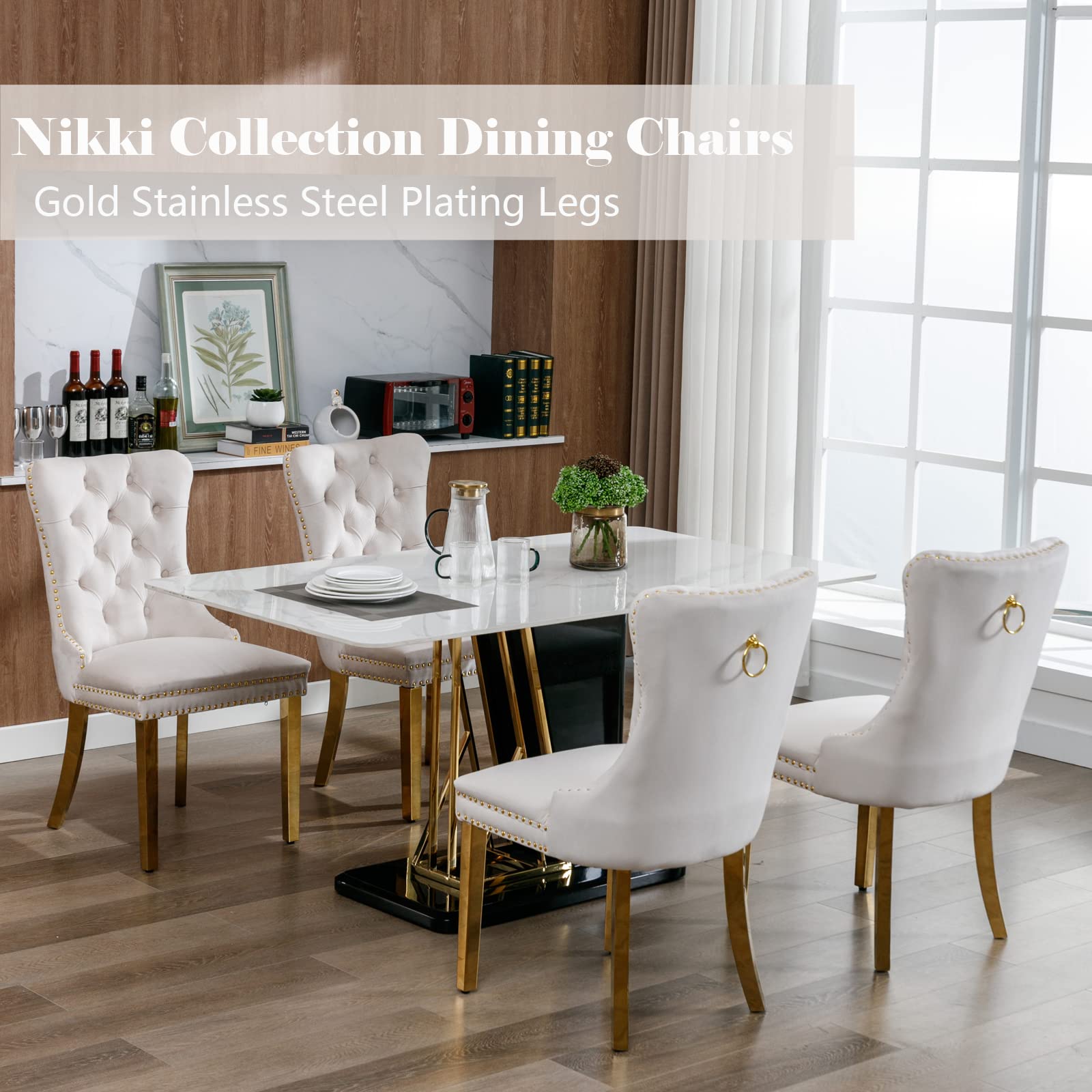 6 Beige Velvet Dining Chairs Set - Modern Upholstered Kitchen Chairs with Golden Stainless Steel Legs & Back Ring Pull Trim for Dining Room, Living Room & Kitchen Decor - Perfect for Home Entertaining & Cozy Family Meals (Beige)