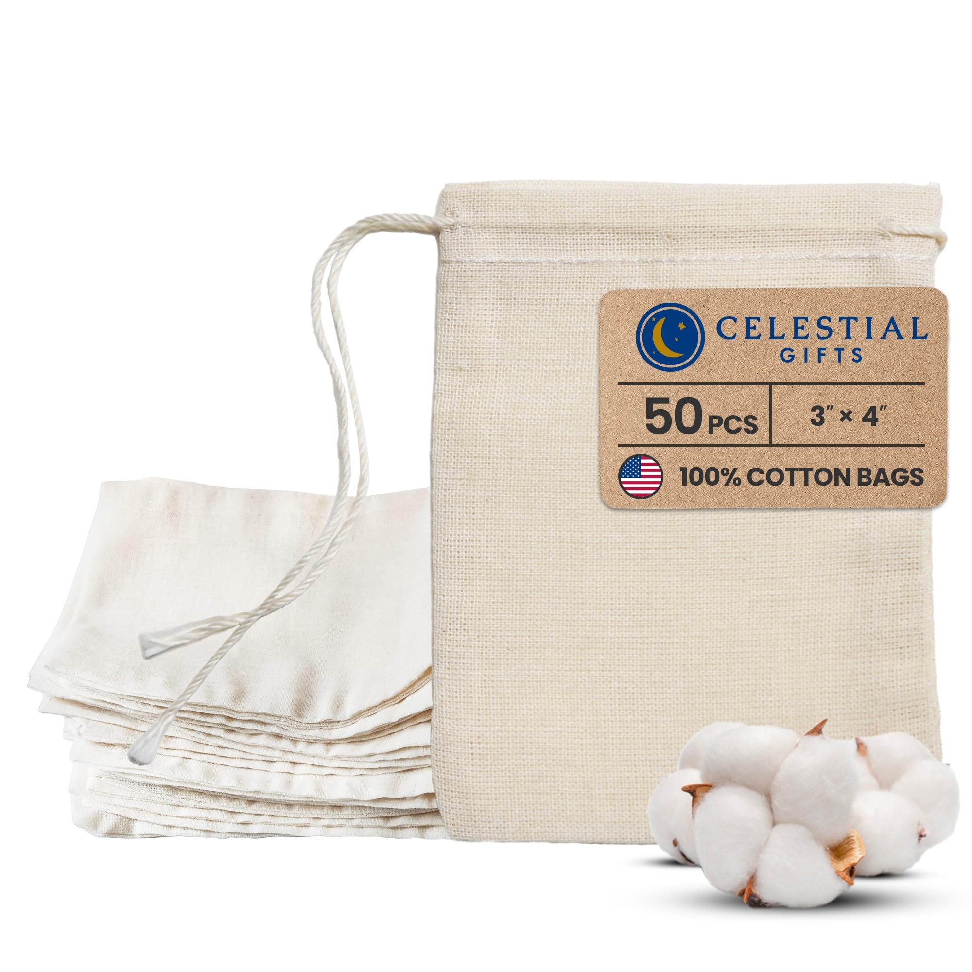 50pcs Small 3x4 Inch Muslin Drawstring Bags - 100% Cotton Reusable Tea Bags & Jewelry Gift Pouches - Natural Hem & Drawstring - Made in USA - Perfect for Herbal Tea, Spice Storage, Wedding Favors & DIY Crafts