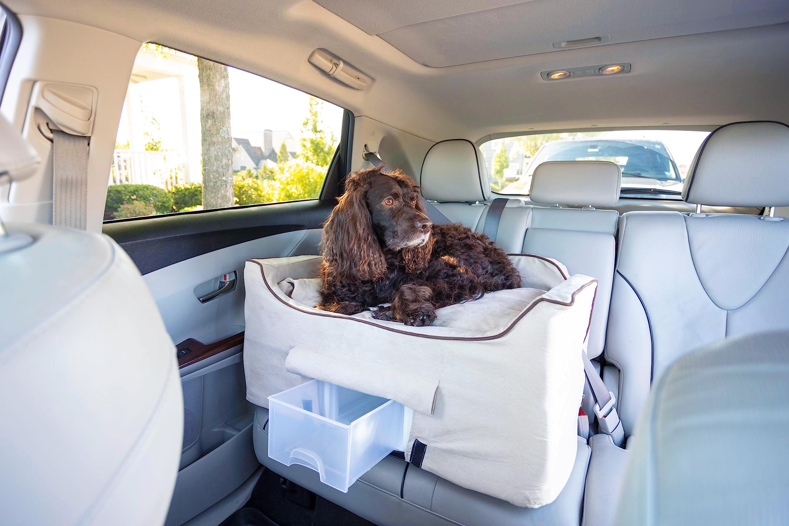 Snoozer Lookout II Dog Booster Car Seat for Medium Dogs - Pet Travel Safety with Storage Tray & Washable Buckskin Cover - Helps Prevent Car Sickness, Includes Harness Strap - Perfect for Road Trips, Vet Visits & Daily Commutes