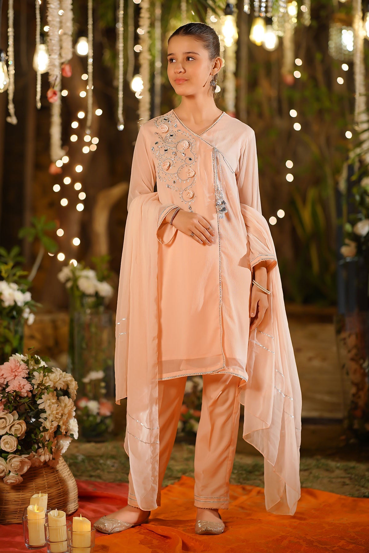 Elegant Chiffon Hand Embroidered Peach Stitched Suit in Ochre - Perfect for Weddings, Parties & Special Occasions