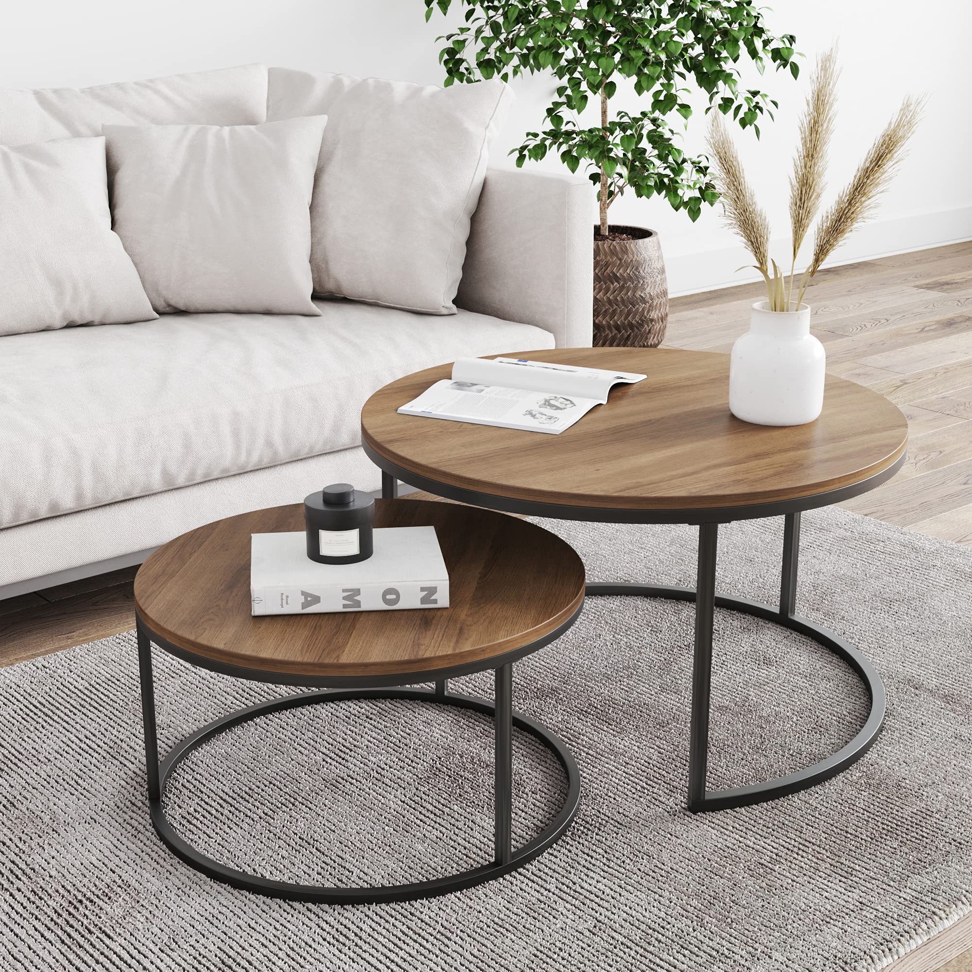 Nathan James Stella Round Modern Nesting Coffee Tables (Set of 2) - Stackable Living Room Accent Tables with Reclaimed Oak Tabletops & Matte Gunmetal Frame - Perfect for Small Spaces, Apartments and Cozy Living Rooms