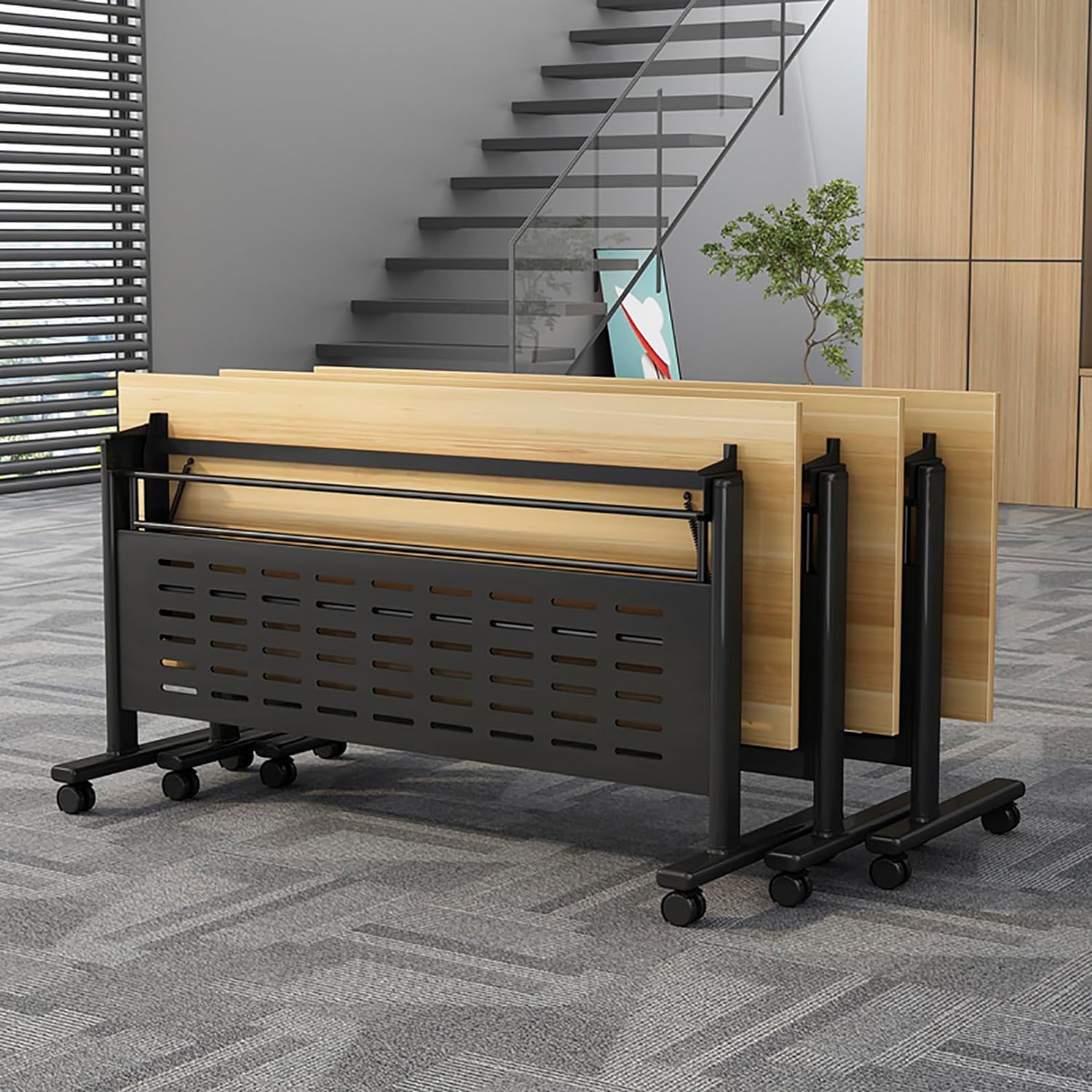 Foldable Conference Table - Large Rectangular Meeting Seminar Table with Silent Wheels - Mobile Office Solution for Business Meetings - Long Conference Room Tables (Light Maple & Black Frame, 47×16×30in) - Perfect for Corporate Offices, Training Rooms & Event Spaces